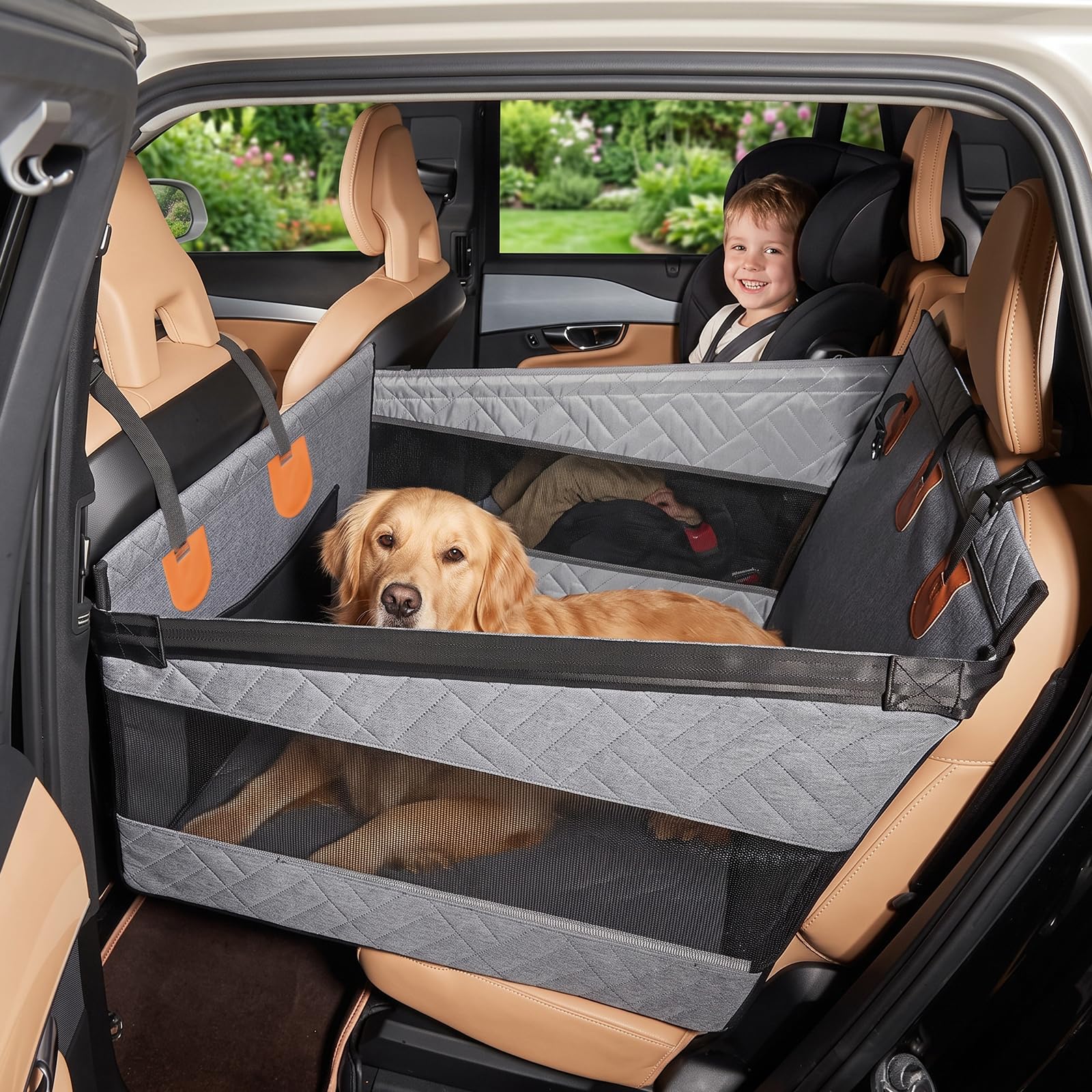 Dog Car Seat for Large Dogs up to 40kg-Waterproof Car Back Seat with Hard Bottom-Scratch Proof Back Seat Extender for Travel（Gray, Large）