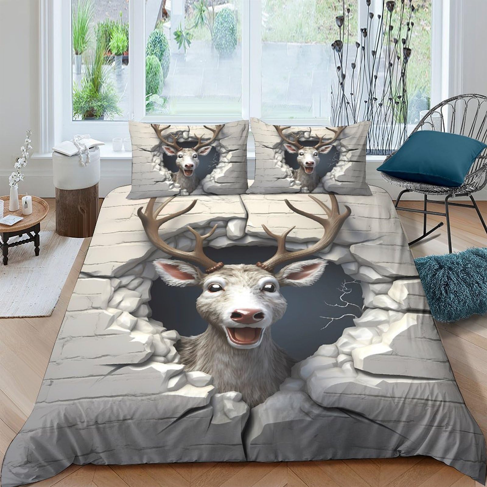 Ctjqhvkz Style-10 3D Printed Realistic Deer Fitted Sheet Microfiber Soft Breathable Cracked Wall Mattress Cover For Bedroom Dorm Decor Single（135X200cm）