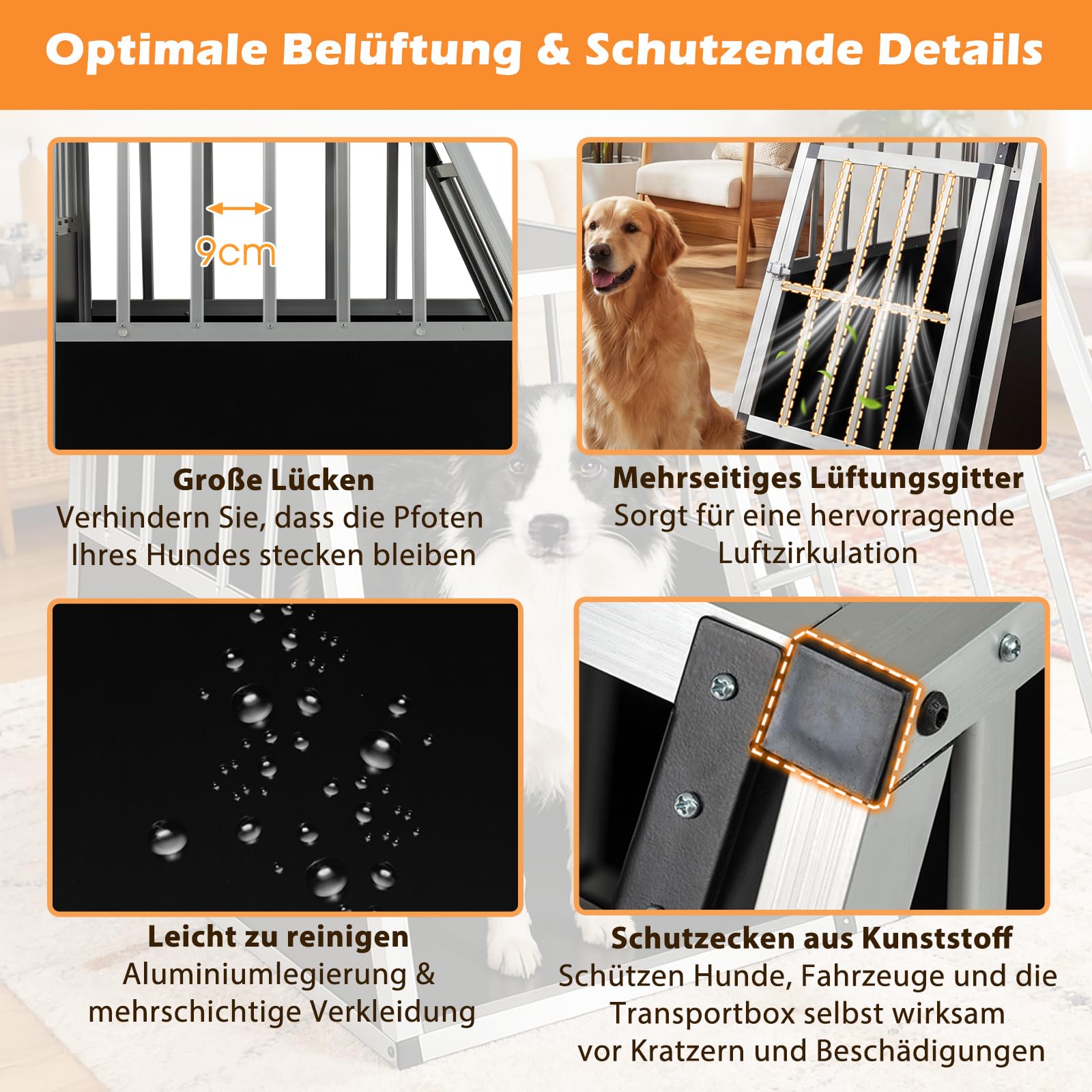 GYMAX Transportín de Aluminio para Perros Gatos, Transporte para Coche Mascotas con Cerradura, Estructura de Metal, Caja de Transporte Robusto y Fácil (91 x 65 x 69,5 cm)