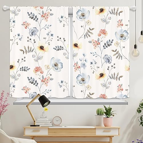 Miniatura 1 de Cortinas bohemias de cocina con flores en acuarela azul floral para baño, cortinas de ventana de granja, hojas rústicas de flores silvestres para