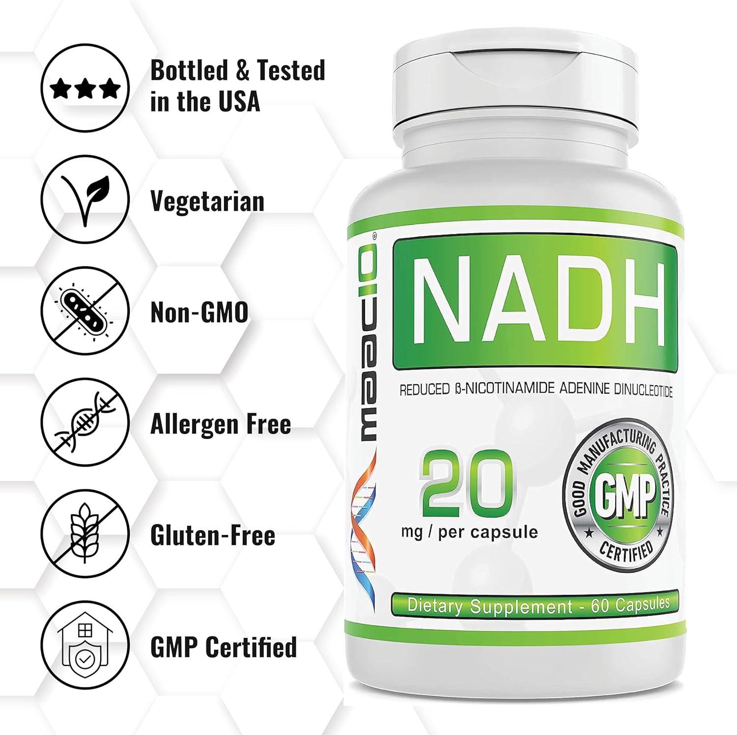 MAAC10 NADH Supplement 20mg Each 60 Capsules for Energy, Fatigue, Mental Focus & NAD+ Longevity Support | Pharmaceutical Grade 99% Pure NADH