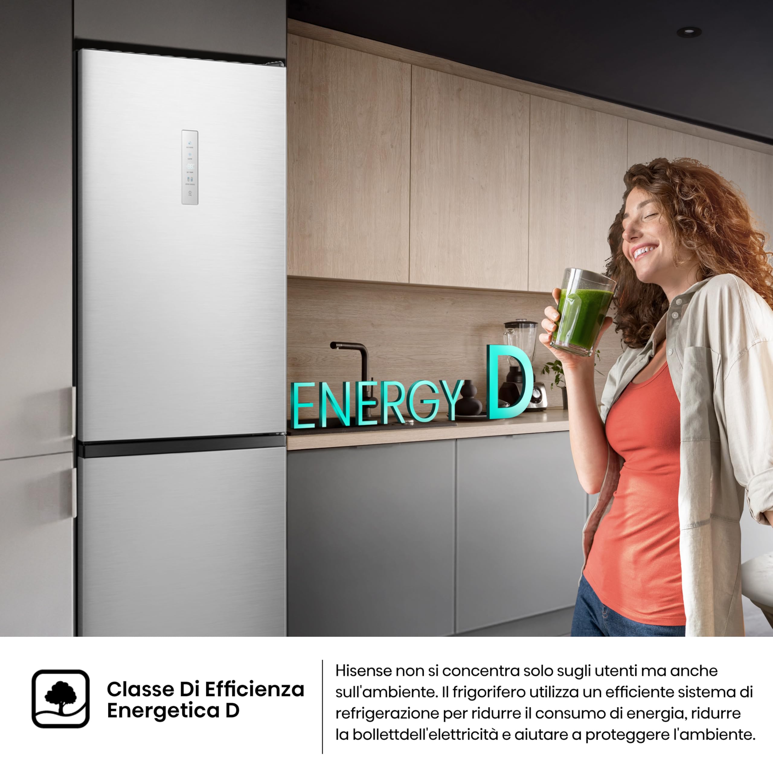 Hisense RB390N4CCD1 Frigorifero Combinato Total No Frost, Inox, 1.86x60cm, Classe D, 304L