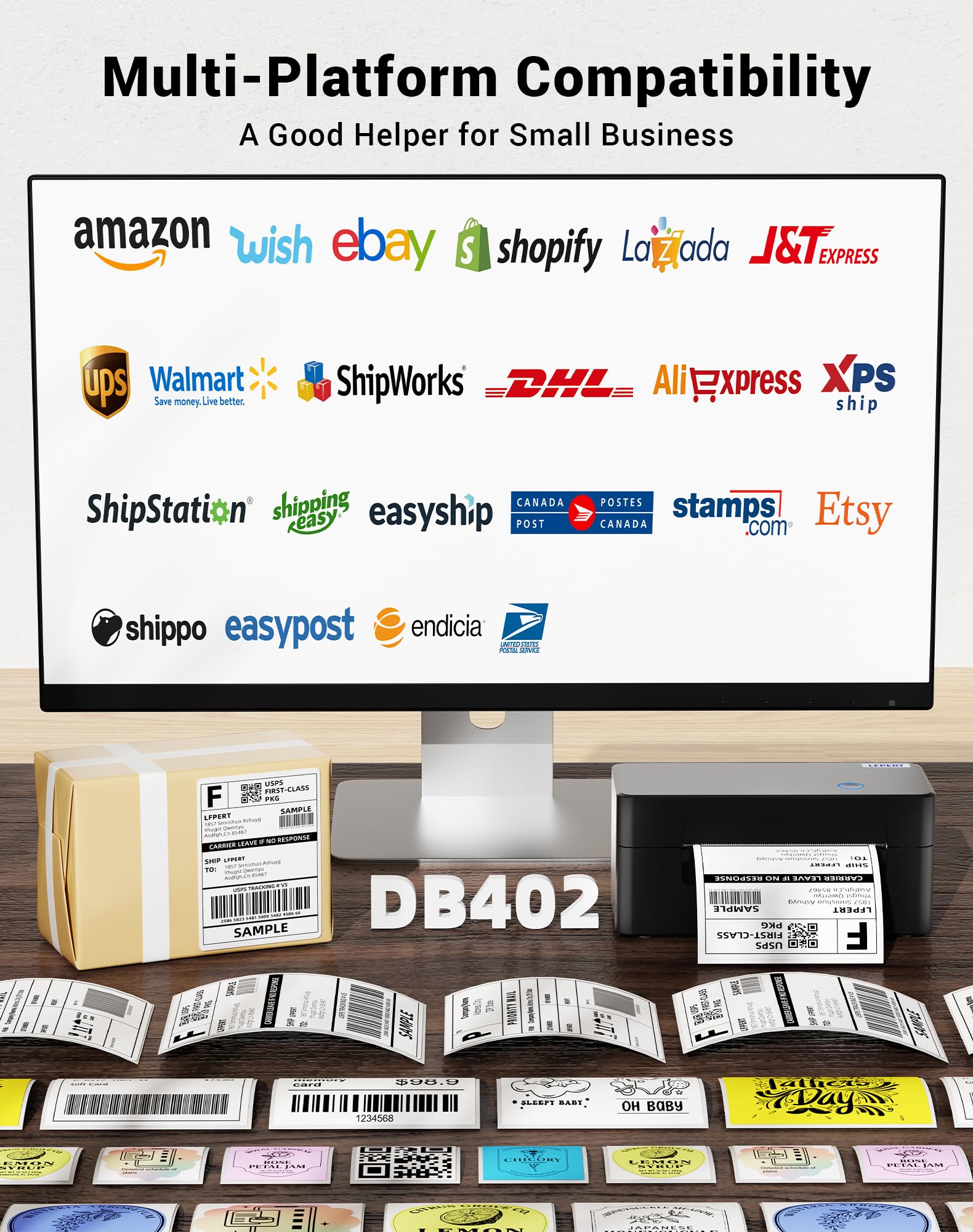 Stampante Termica Etichette USB, Stampante Etichette Spedizione 4x6 (10x15cm), Stampante di Etichette Postali per Aziende, Compatibile con Amazon, Shopify, DHL, DPD - DB402, Nero