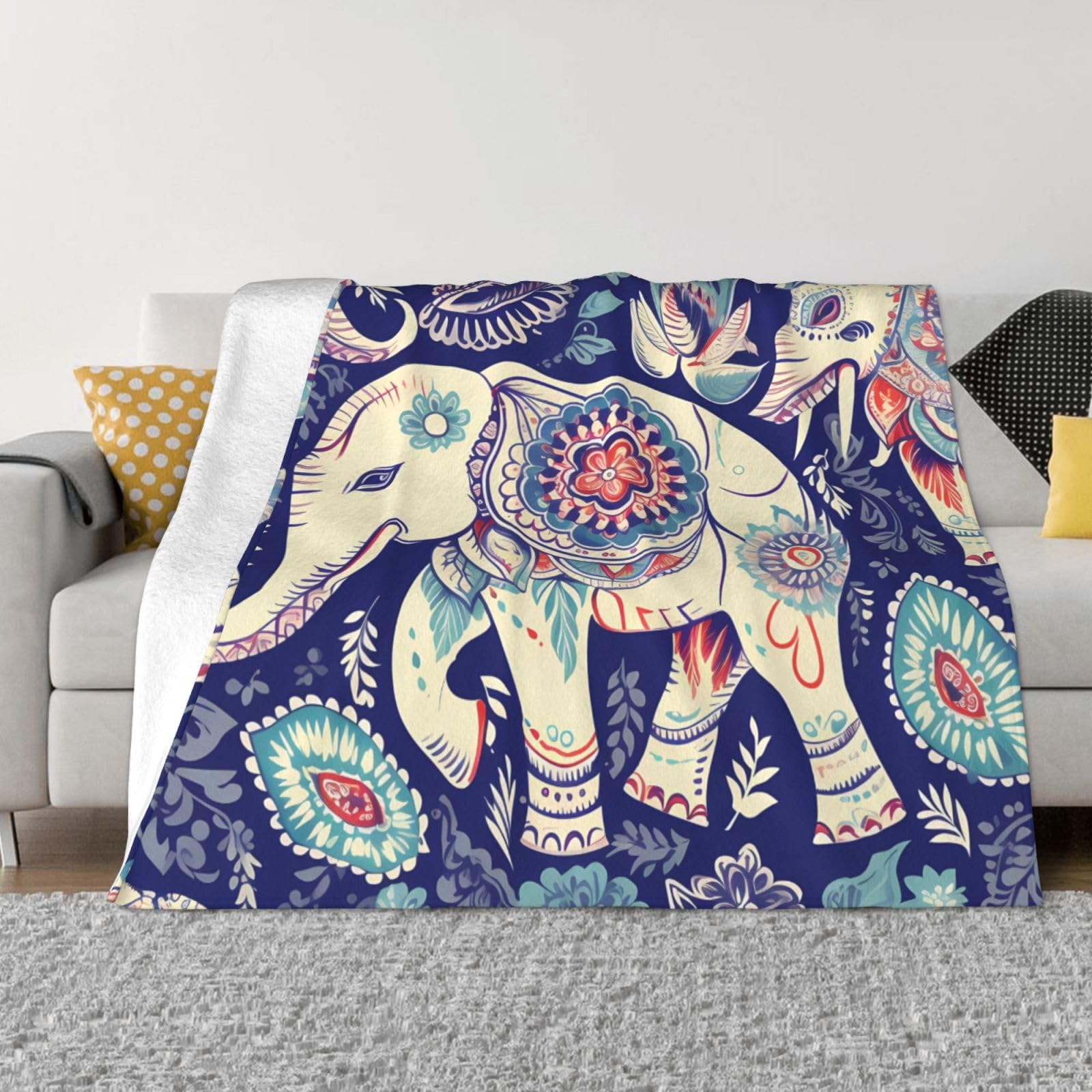 Couverture microfibre ultra douce motif éléphant, plaid flanelle léger toutes saisons