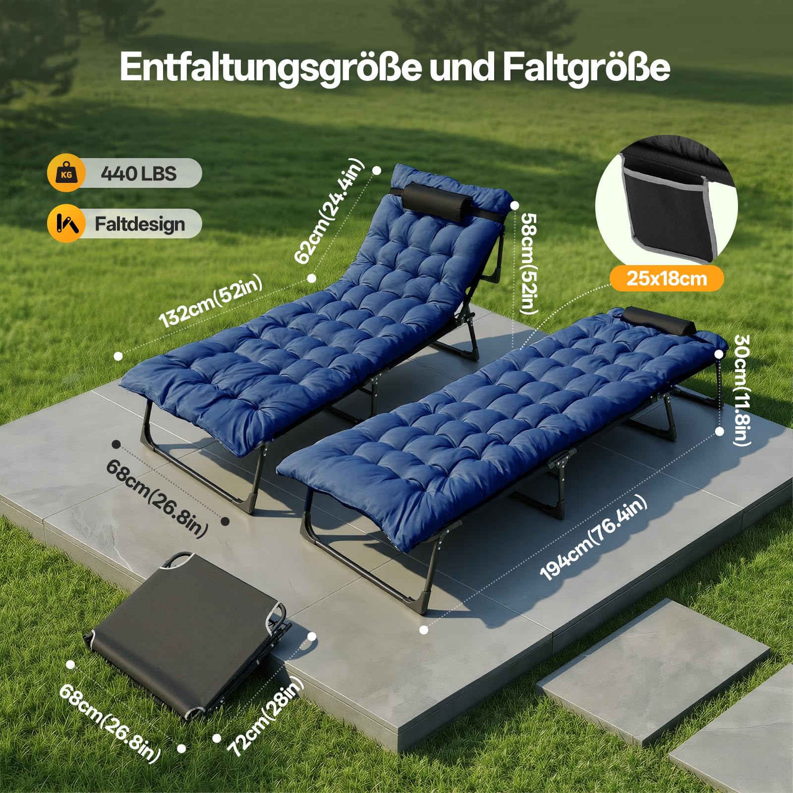 Warmiehomy Übergroße Campingbett, Sonnenliege mit Matratze & Kissen bis 200 kg, 4-Fach verstellbare Rückenlehne, Klappbares Bett, Angelstuhl, Campingbett für Garten, Strand, Sonnenbaden, Reisen, Blau