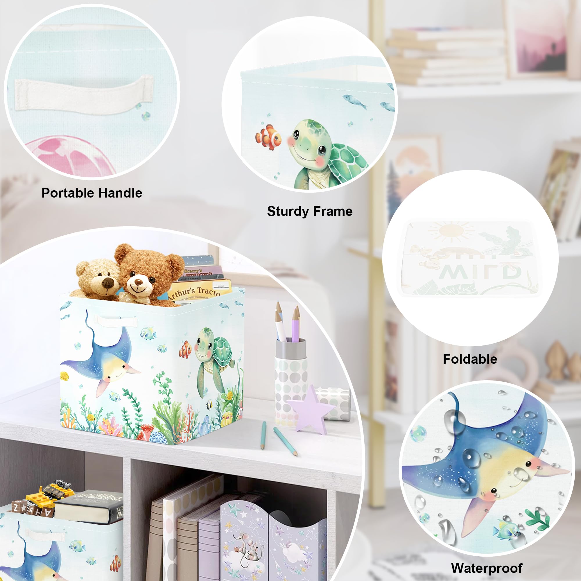 30cm Aufbewahrungsbox 3 Stück Meerestiere Aufbewahrungskorb Kinder Faltbar Ozean Haie Schildkröten Aufbewahrungswürfel Organizer für Spielzeug Bücher Kleidung, Quallen