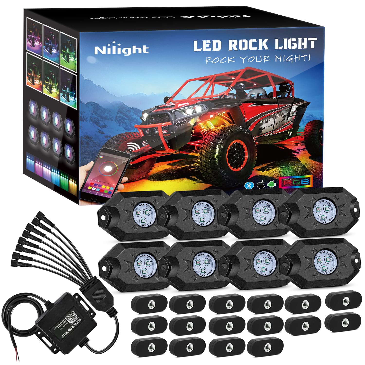 Nilight RGB LED Rock Lights Kit 8PCS Bluetooth App Control Multicolor