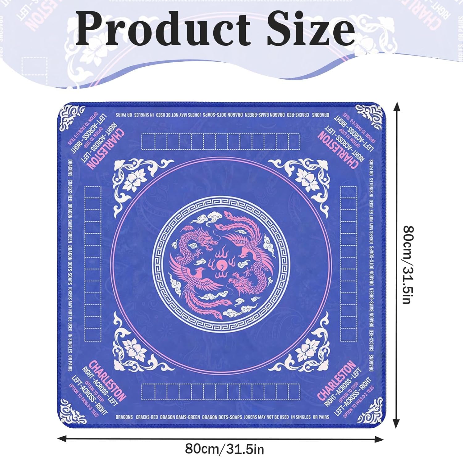 Britimes Mahjong Mat with Black Carrying Bag Blue Pink Dragon Non-Slip Noise Reduction Gaming Mat 31.5" x 31.5" Rubber Multi Purpose Game Table Cover for Mahjong Card Dominoes Board Tile Games