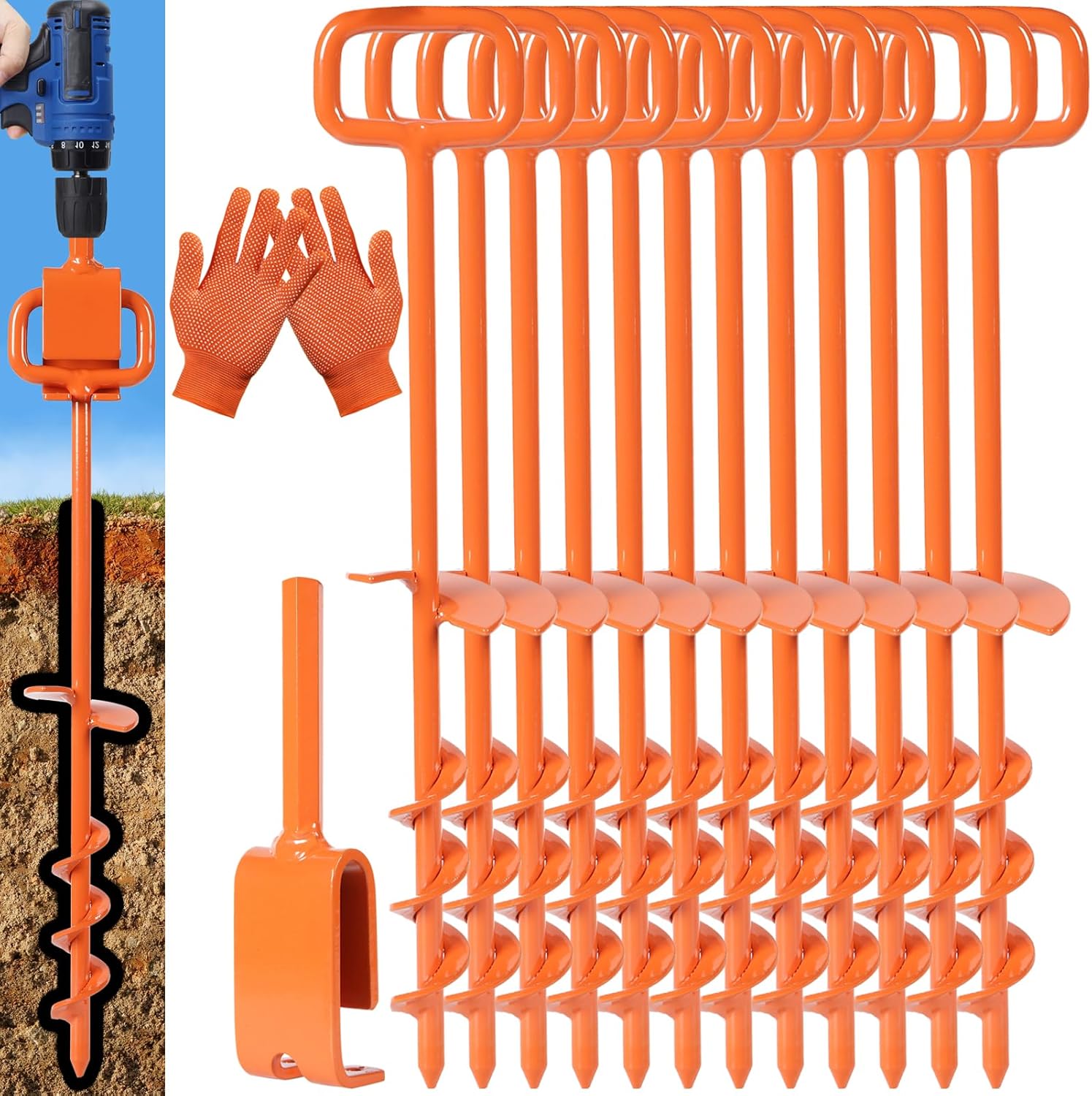 16In Tent Stakes, Ground Anchors Screw in, with 1PCS Tent Stakes Heavy Duty Adapter, for Screw Ground Anchors, Tree Straightening Kit, Anchors Tent, Mobile Home Anchors (Color : Orange, Size : 12PCS