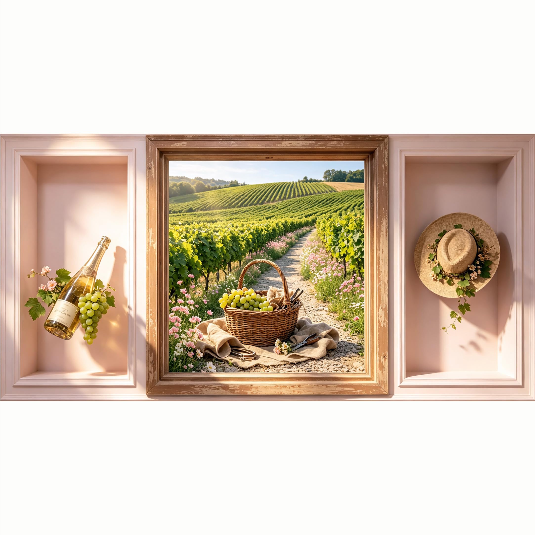 QZLITHOTIC 50x100cm 3D Framed Wall Art， Vineyard Landscape Wicker Basket Grape Harvest Self‑Adhesive Mural， Water‑Activated Peel & Stick Fabric Decor Wall Decal for Bedroom Living Room