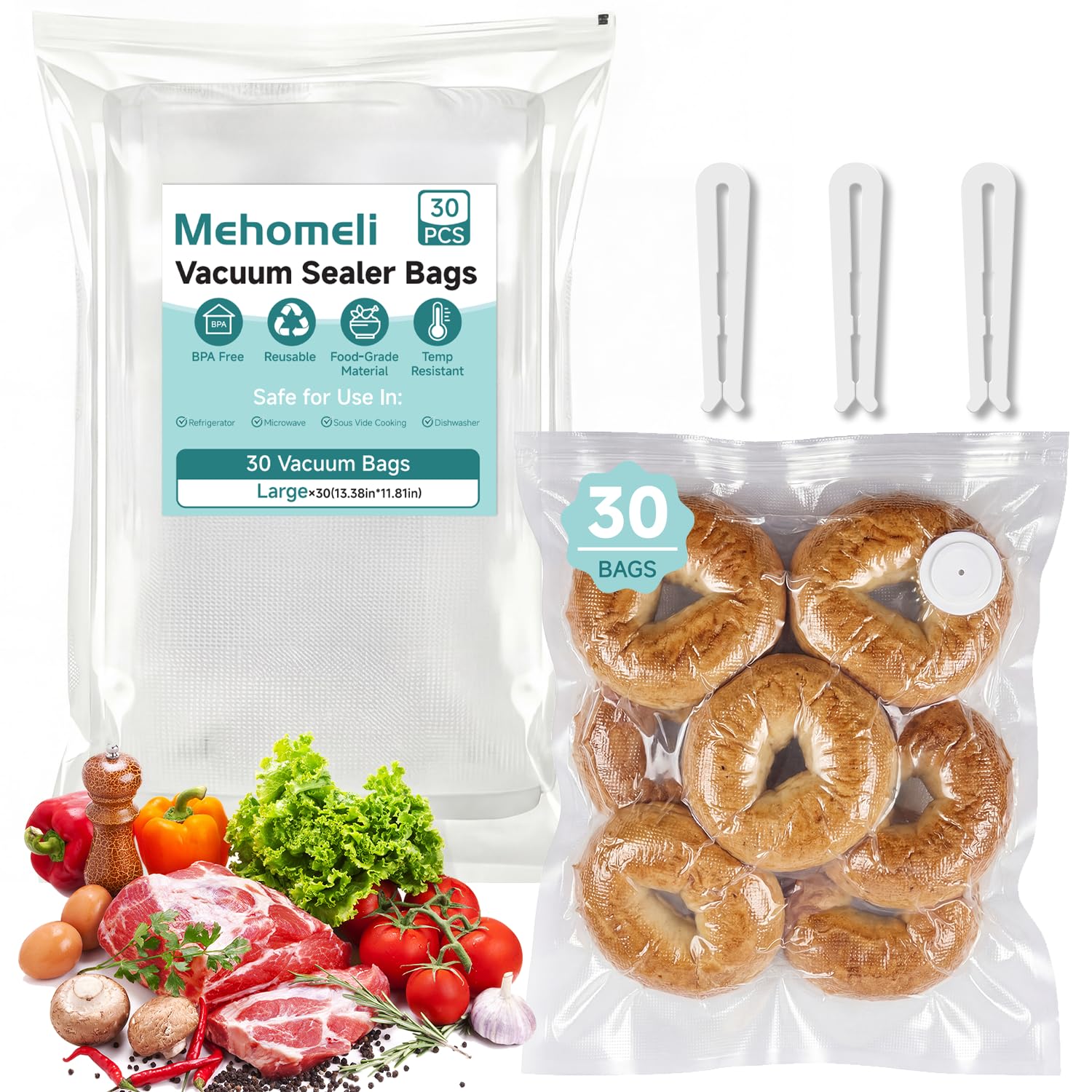 Mehomeli Reusable Vacuum Sealer Bags, 30 Large Bags, 11.8 x 13.4 in