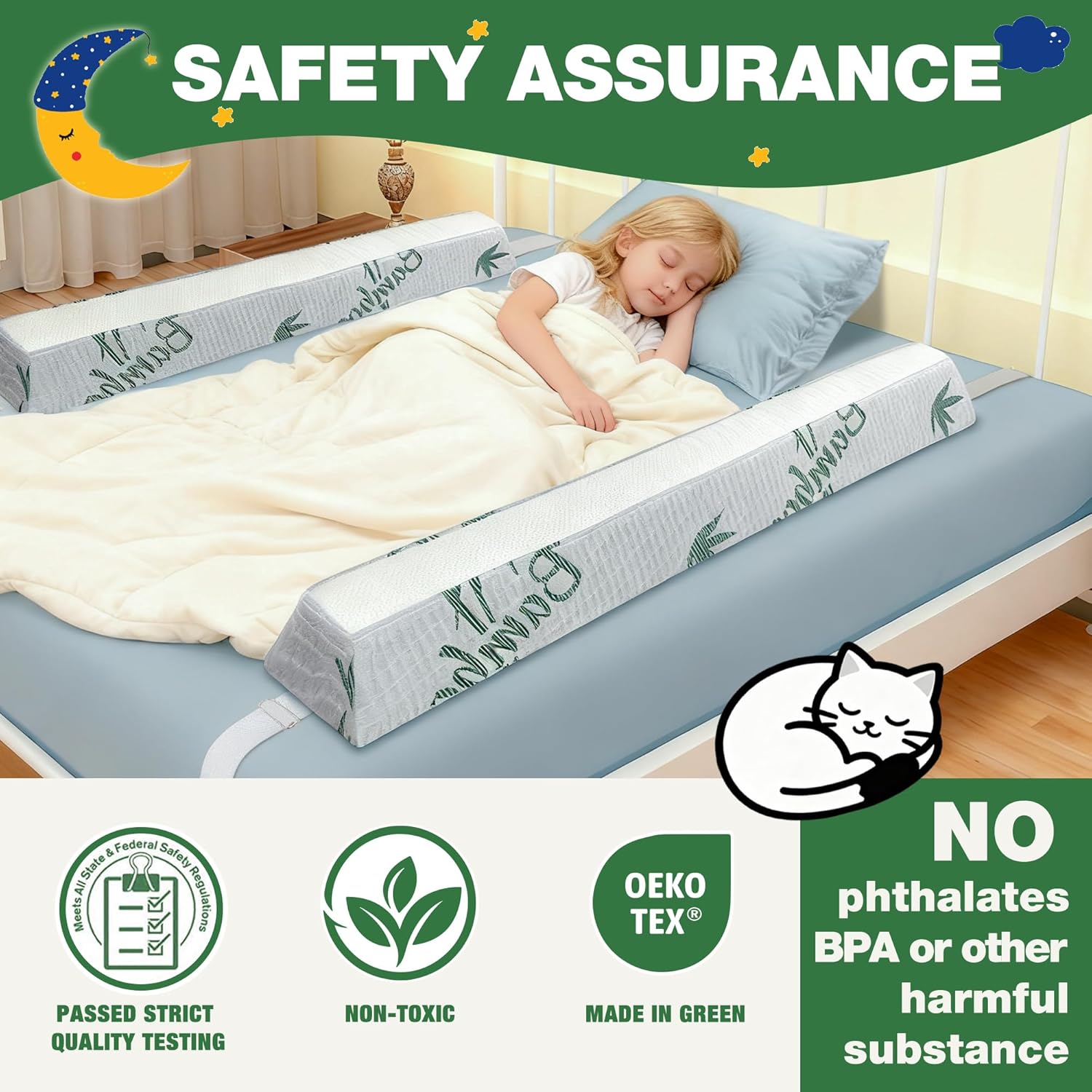 Baby Bed Bumpers for Toddlers with Adjustable Bandd, Foam Bed Guard Rail for Kids Bed Twin Full Queen King Size Bed, 2 Pack