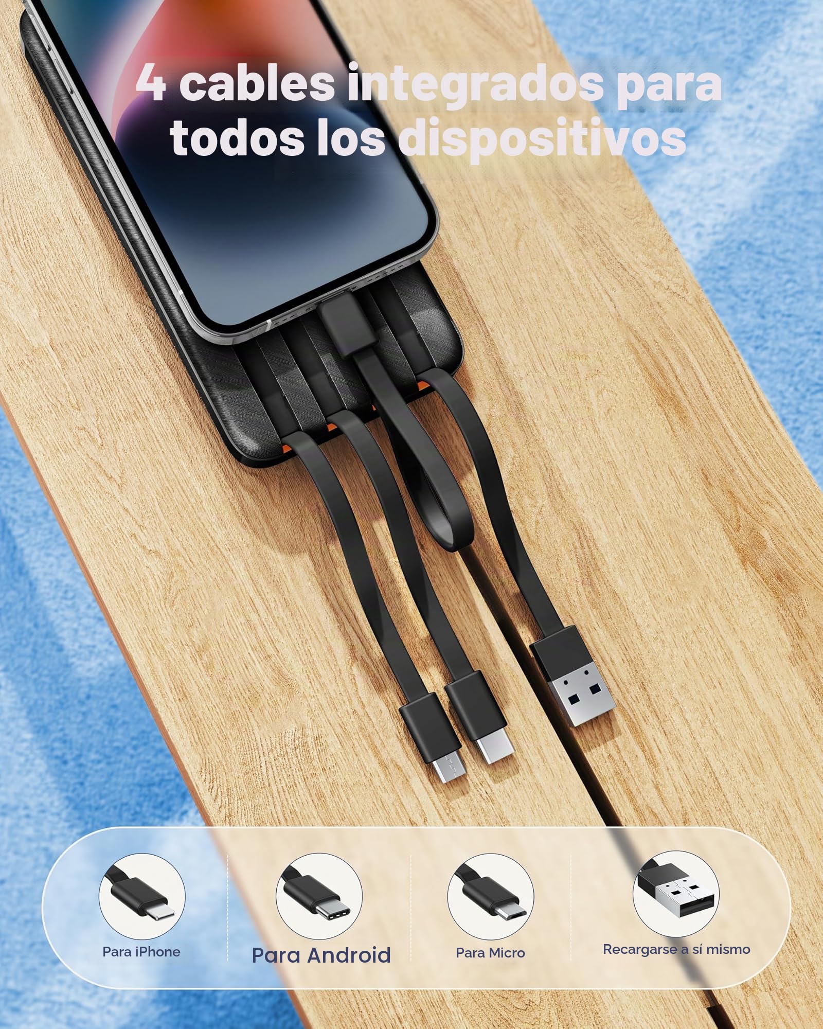 charmast Cargador portátil de 20000 mAh con cables integrados, batería externa de viaje de 22.5 W, carga rápida, paquete de batería USB C para iPhone 17/16/15/14/13/12, iPad, Samsung, Android, tablet