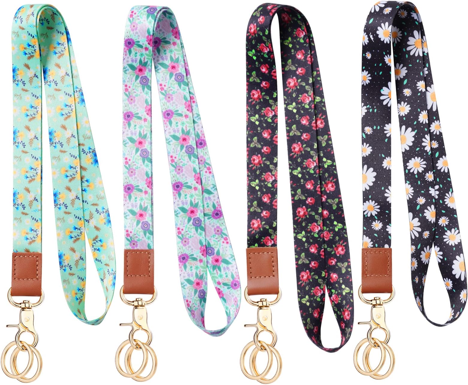 Vicloon Print Lanyard Neck Strap, 4 Pcs Keychain ID Lanyards for Keys Neck Leather Lanyard with 8 Metal Key Rings for ID Badge Holder Keys Phone