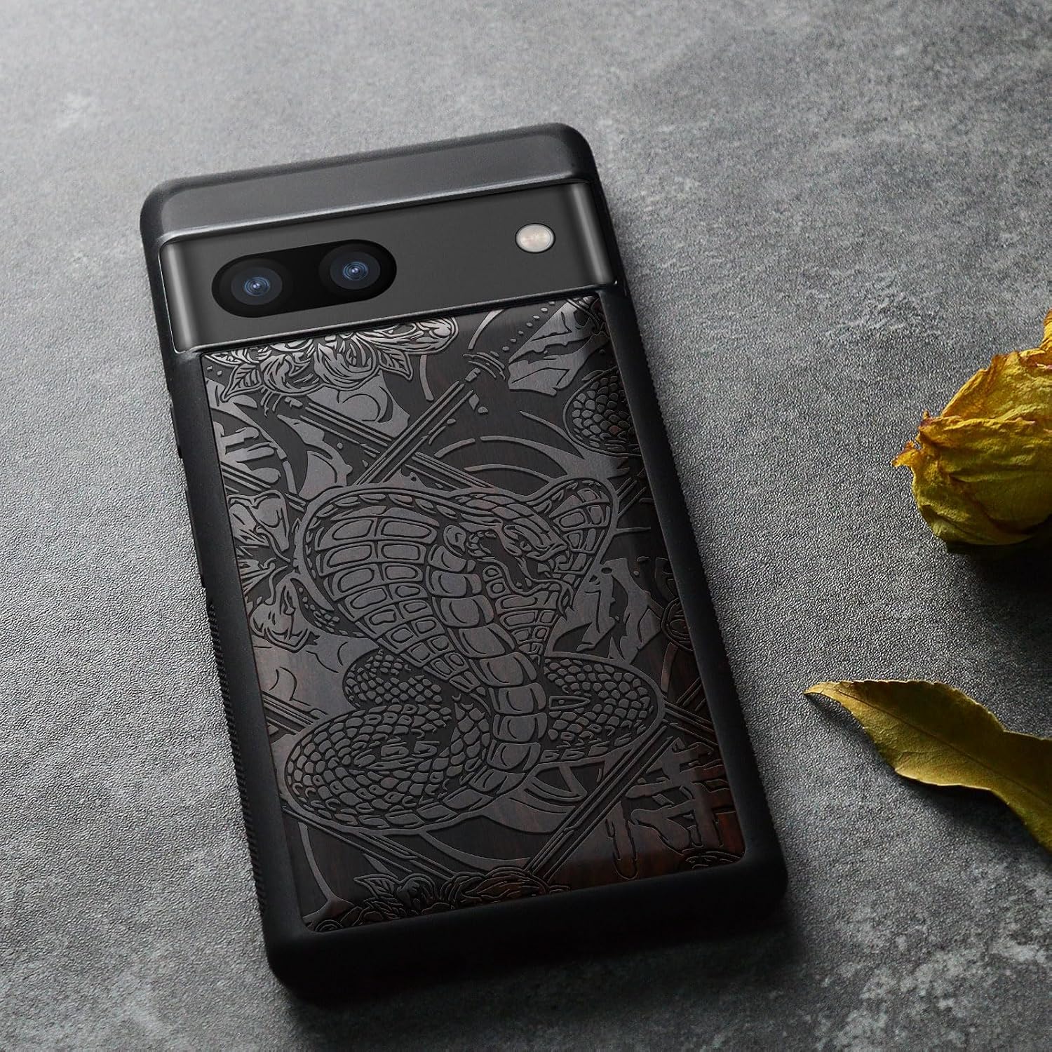 Carveit Wood Case for Pixel 8a Case [Natural Wood & Black Soft TPU] Shockproof Protective Unique Wooden Cover Compatible with Google Pixel 8a (Vintage Snake & Katana Totem-Blackwood)