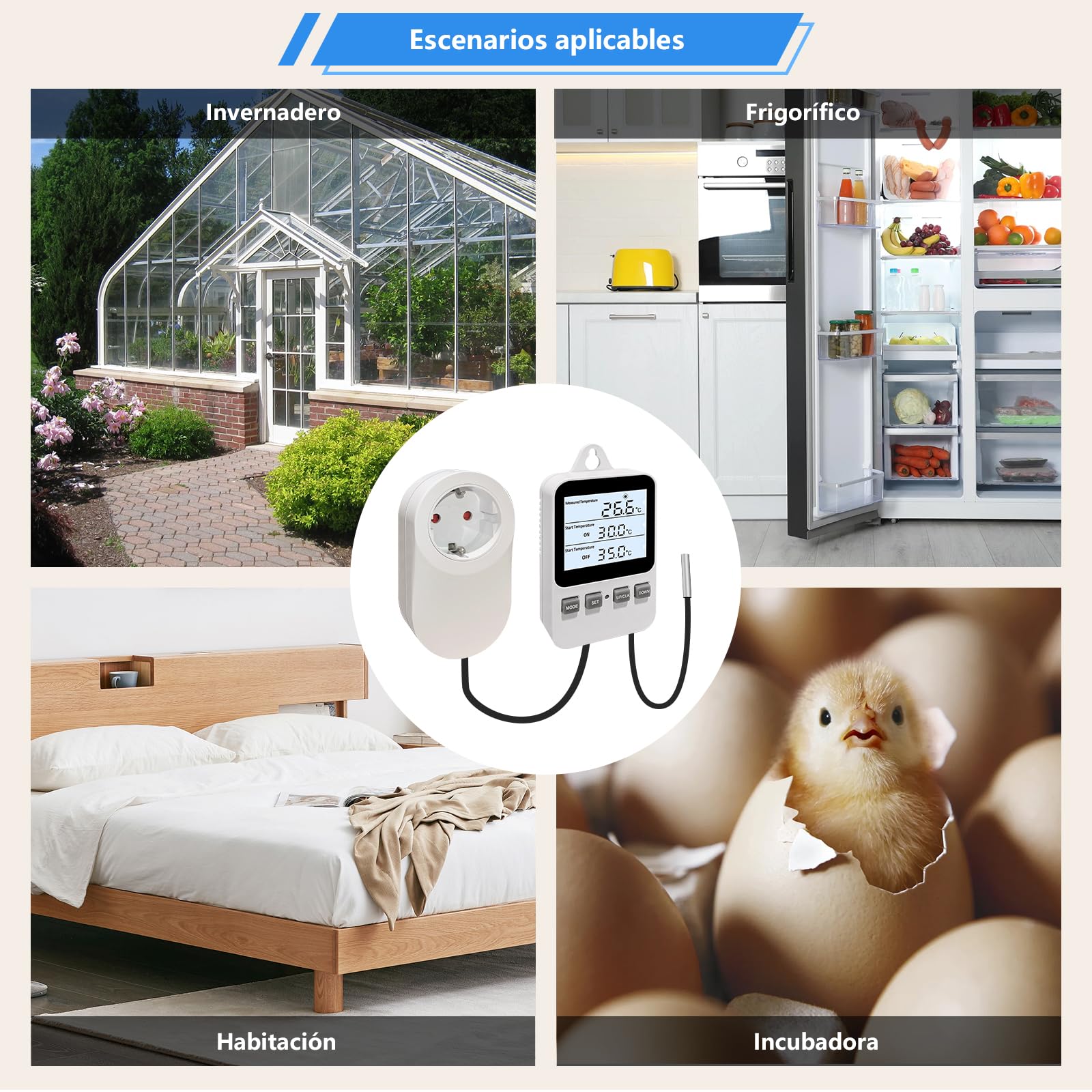 Enchufe Digital Termostato Enchufe, Calefacción Enfriamiento Controlador de Temperatura, Calentador Enfriador Interruptor, para la incubación de Calor Mat Reptil Invernaderos Terrario, 230V 16A