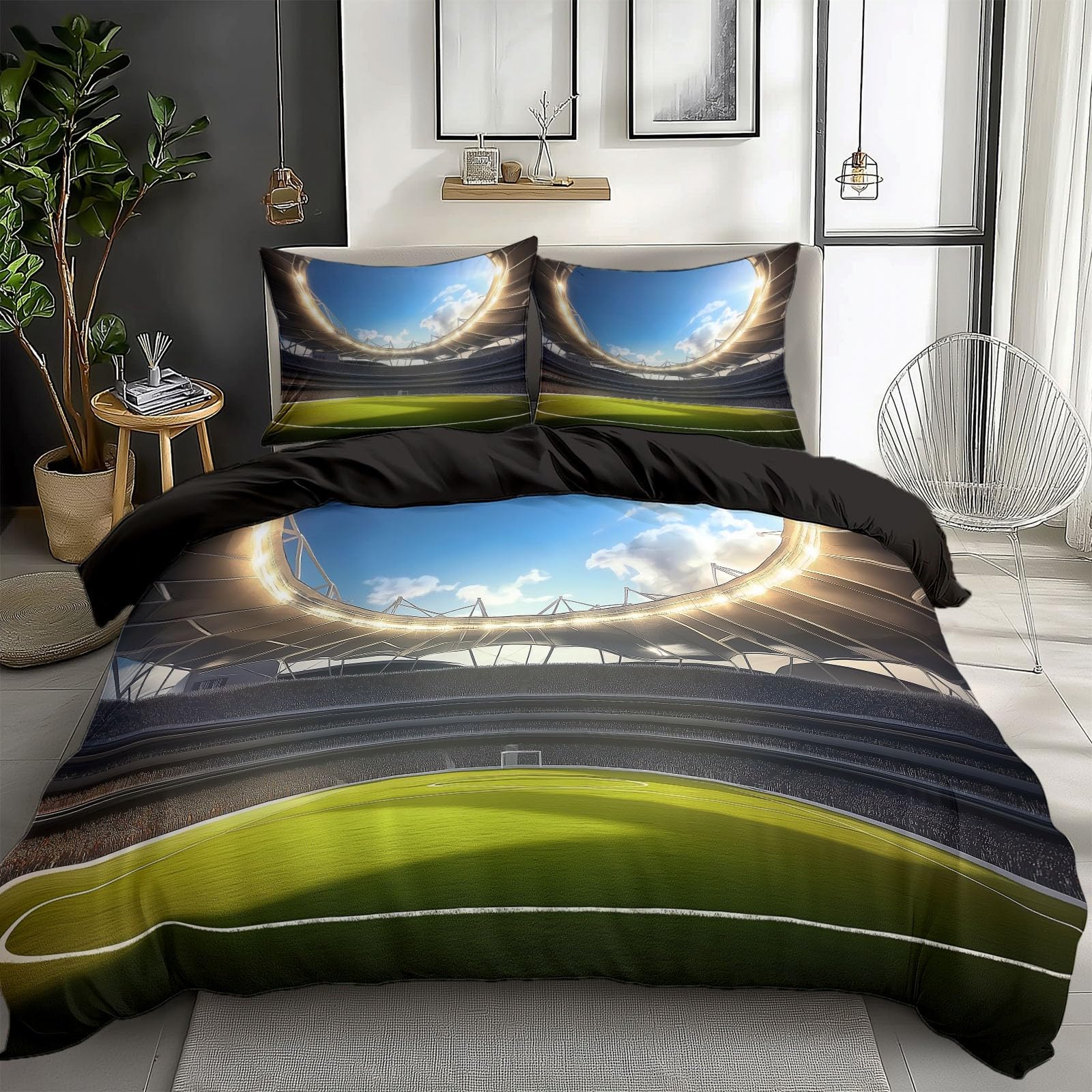 Green Duvet Cover Twin Size 2 Pieces Football Field Grass, Bedding Room Decor Bedspread for Kids Teens, Comforter Quilt Cover Bedding Set with Pillow Sham