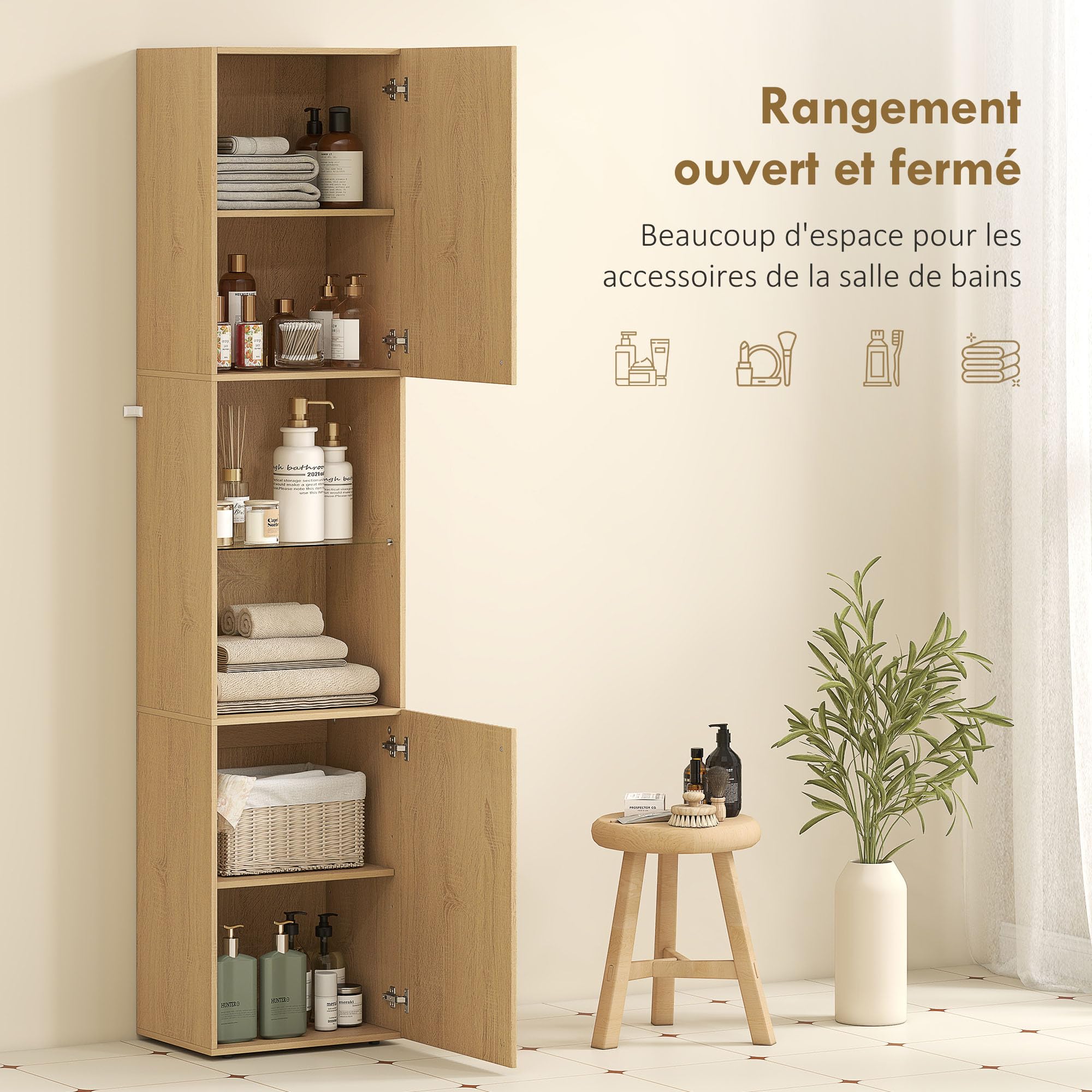 HOMCOM Meuble Colonne Salle de Bain, Meuble de Rangement étroit 6 Niveaux, 2 Portes, Compartiments Ouverts, étagère Verre trempé, étagères réglables, pour Toilette, Petits espaces, 40x31x182cm, chêne