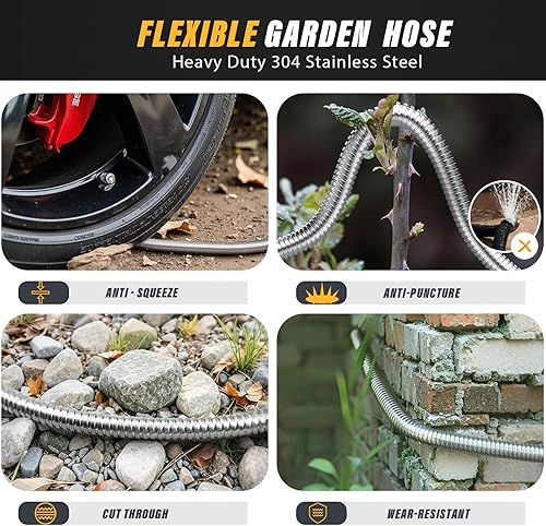 Miniatura 5 de Lefree Manguera de jardín de 50 pies, manguera de jardín de acero inoxidable de metal, manguera de agua flexible con boquilla de 10 funciones,