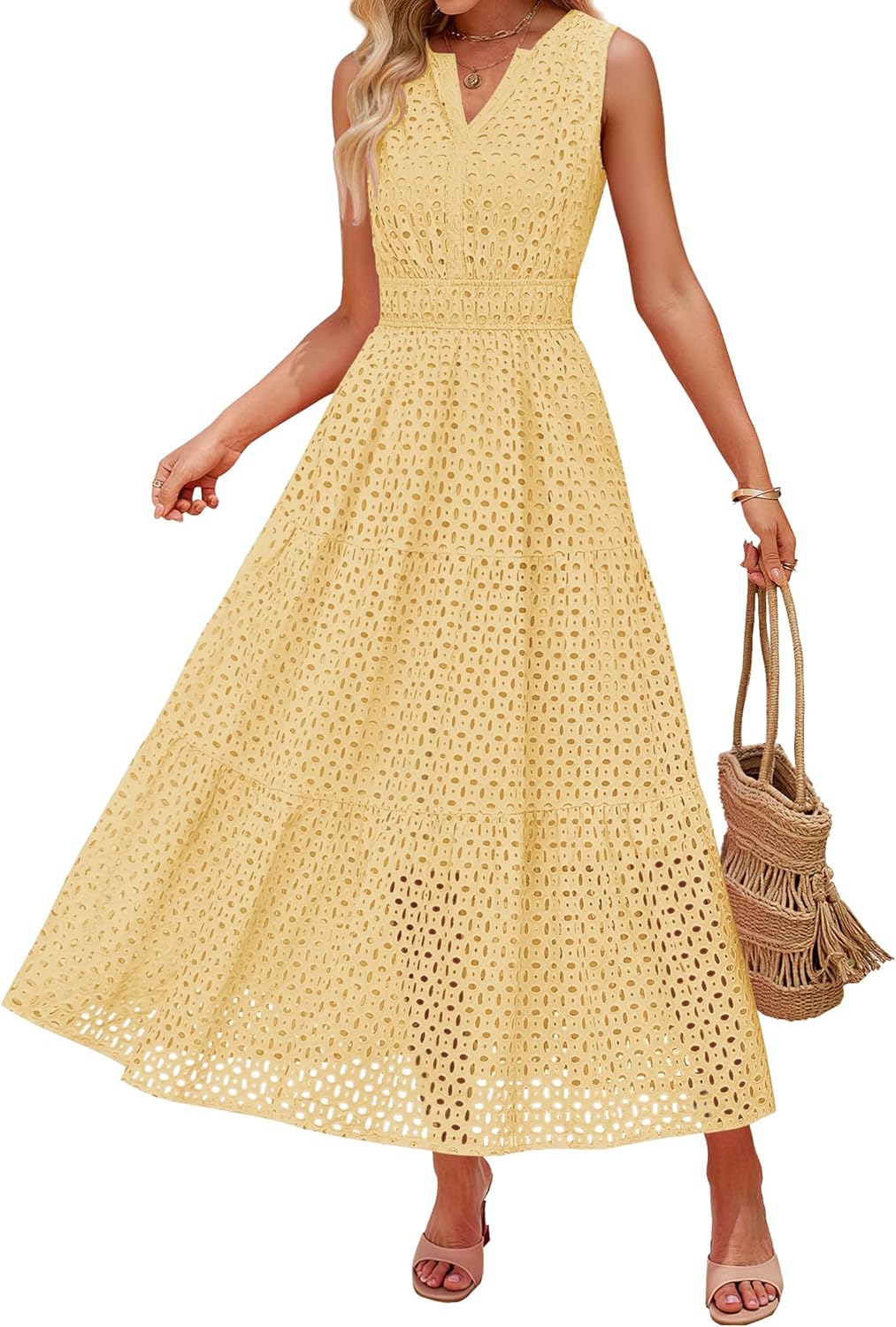 ZESICA Women's 2026 Summer Sleeveless Maxi Dress Casual V Neck Hollow Out Eyelet A Line Flowy Party Long Dresses