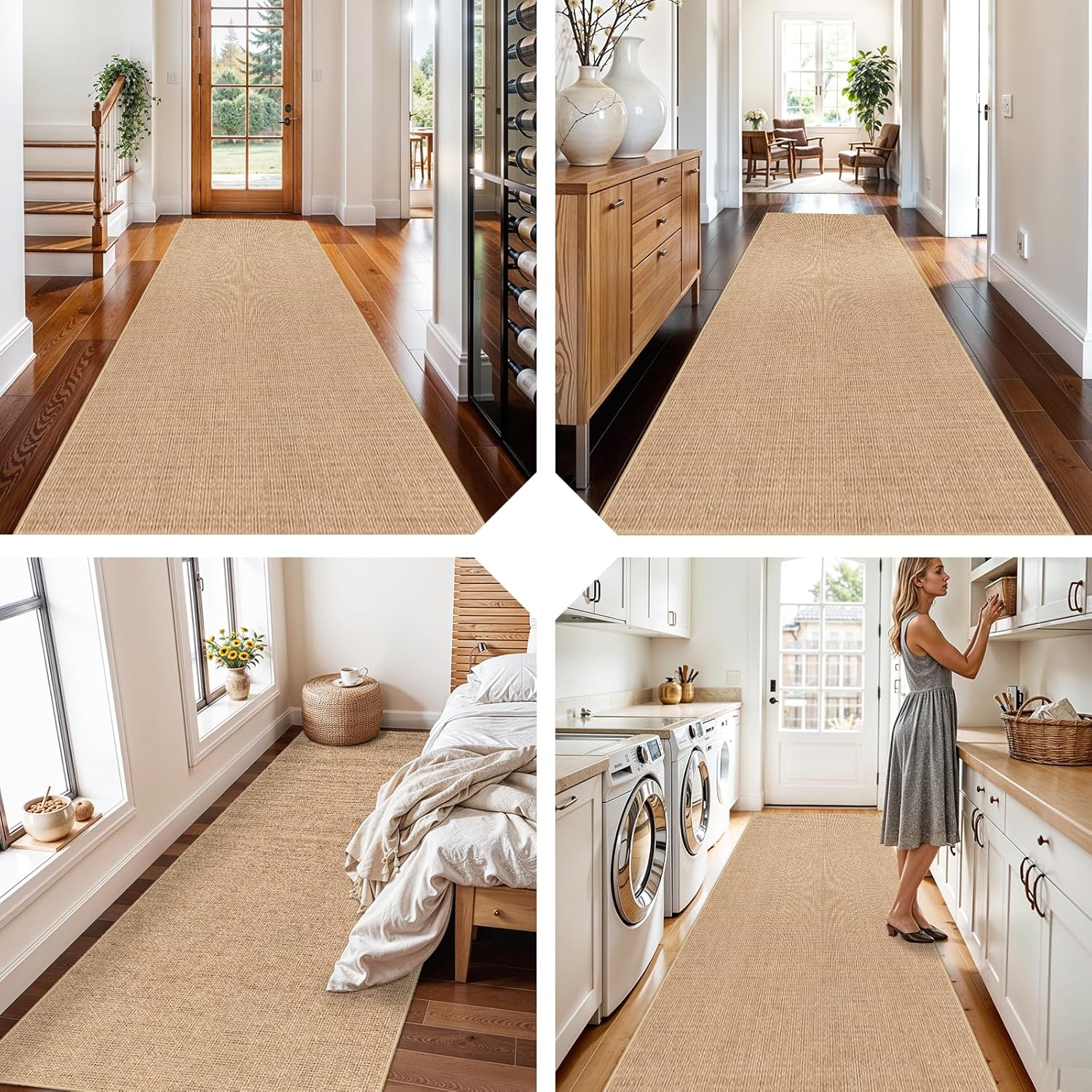 3x10 Runner Rug for Hallways: Washable Non Slip Kitchen Extra Long Jute Runners - Carpet for Bathroom Office Laundry Dining Living Room - Durable Floor Mat Boho Farmhouse Decor (Beige,3x10)