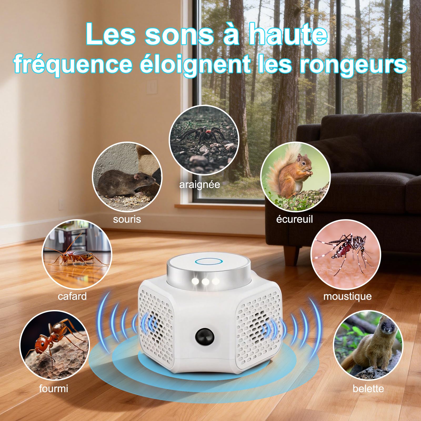 Ultrason Souris et Rats Puissant à Large Portée, 360° Répulsif Rat, Quatre Modes de Fonctionnement, Couvrant Une Surface de 100 Mètres Carrés Effets pour Rats, Souris, Campagnols et Loirs