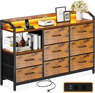 ODK Cassettiera Camera da Letto, Como Camera da Letto con Striscia Luminosa a LED a 10 Colori Regolabili e 2 Prese USB e 2 Prese CA, Inclusi 8 Grandi Cassetti in Tessuto, 110*30*88, Colore Vintage