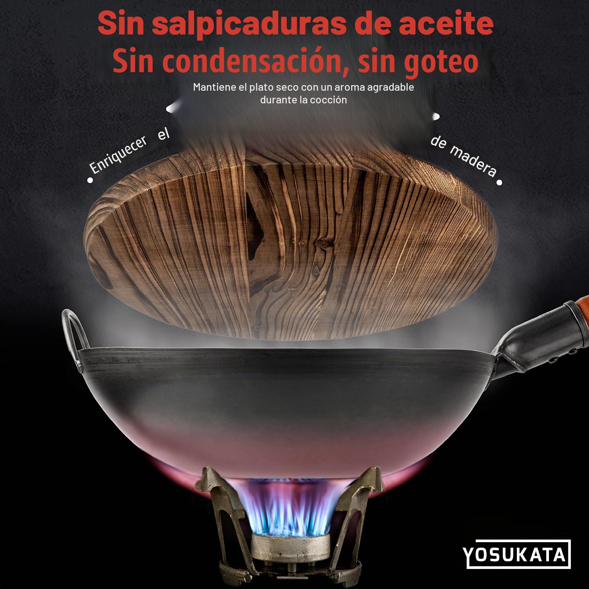 YOSUKATA Sartén Wok de Acero al Carbono 34 cm + Tapa Para Sartén Wok de Madera Natural de 34 cm