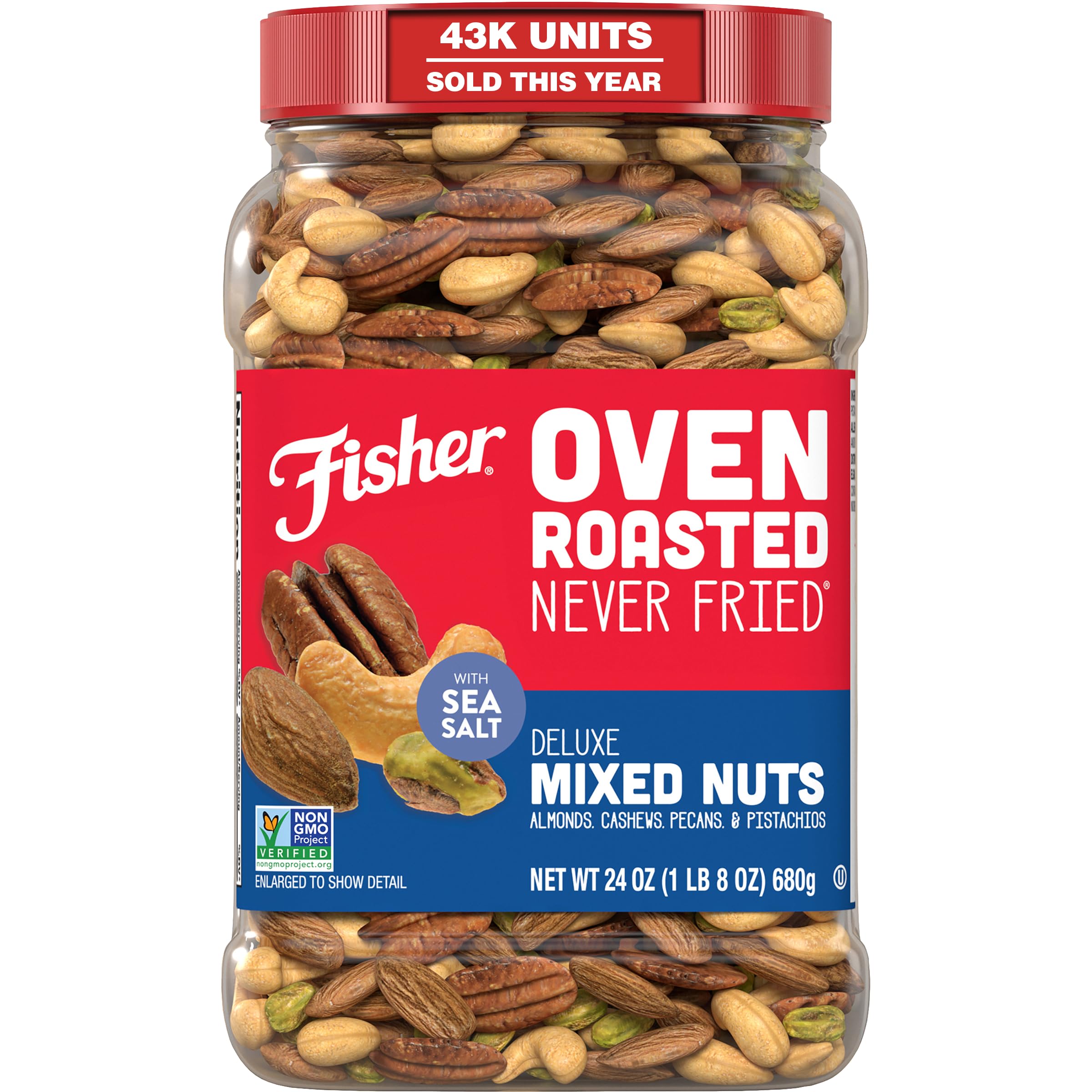 Fisher Snack Oasted Never Fried, Deluxe Mixed Nüsse, 680 ml (1 Stück), Mandeln, Cashews, Pekannüsse, Pistazien, hergestellt mit Meersalz