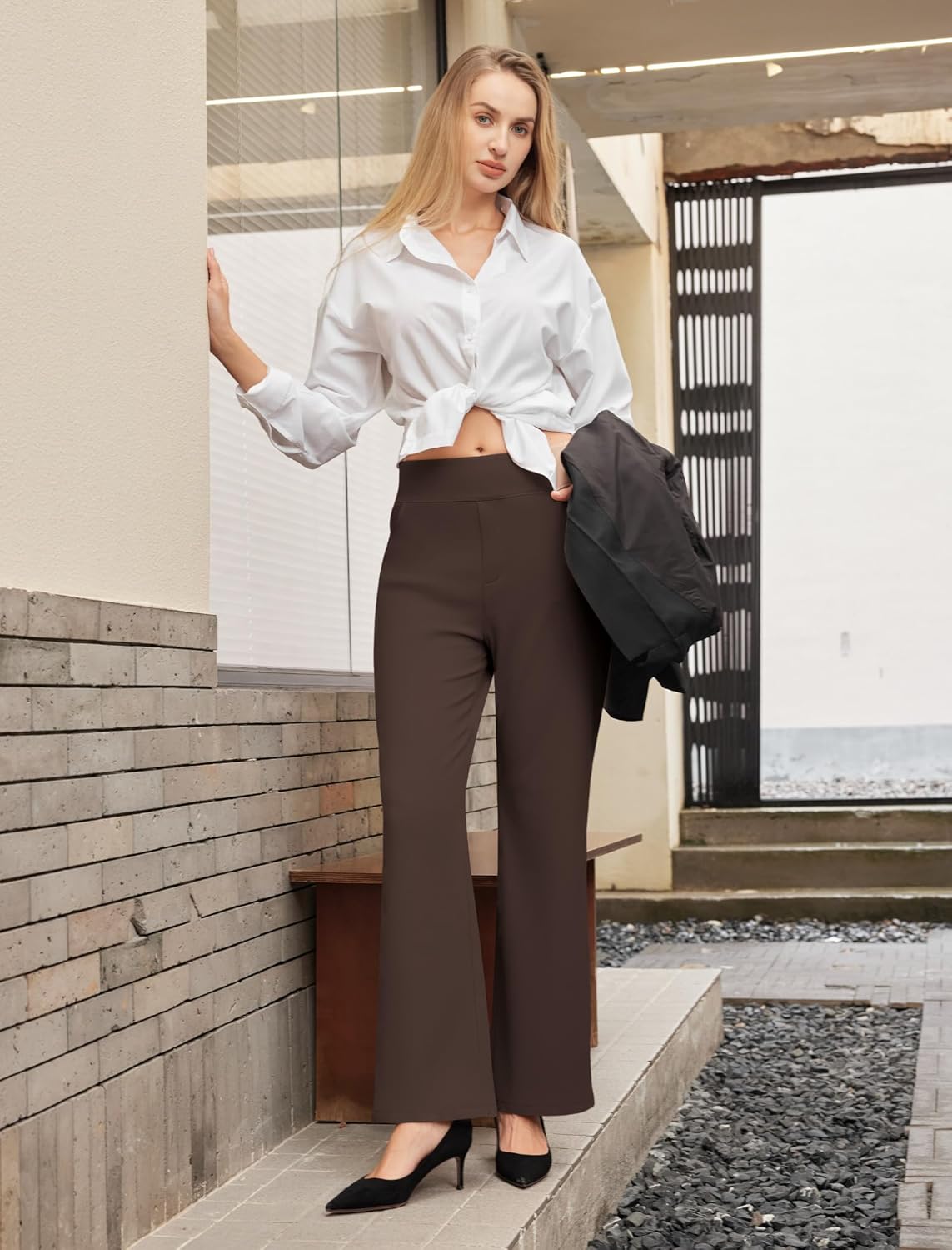 Womens Dress Work Pants Business Casual Office Pull on Trousers High Waist Wide Leg Stretchy Slacks with Pockets - Image 3