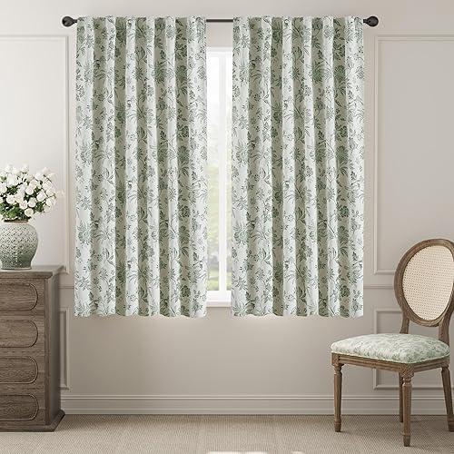 jinchan Cortinas opacas florales para dormitorio, 63 pulgadas de largo, cortinas opacas con estampado de flores, pestañas traseras de campo francés,