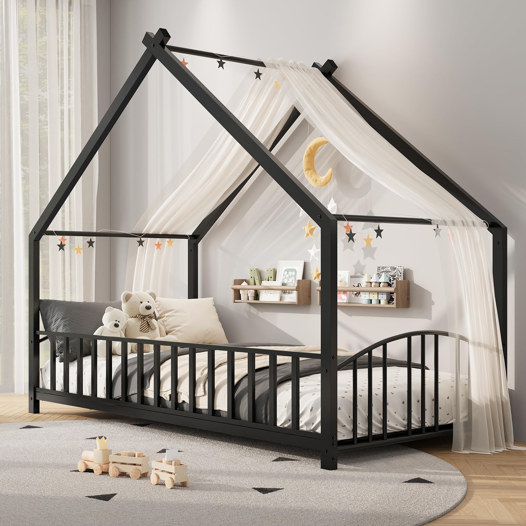Garvee Twin Size House Shape Bed Frame with Rail, Black