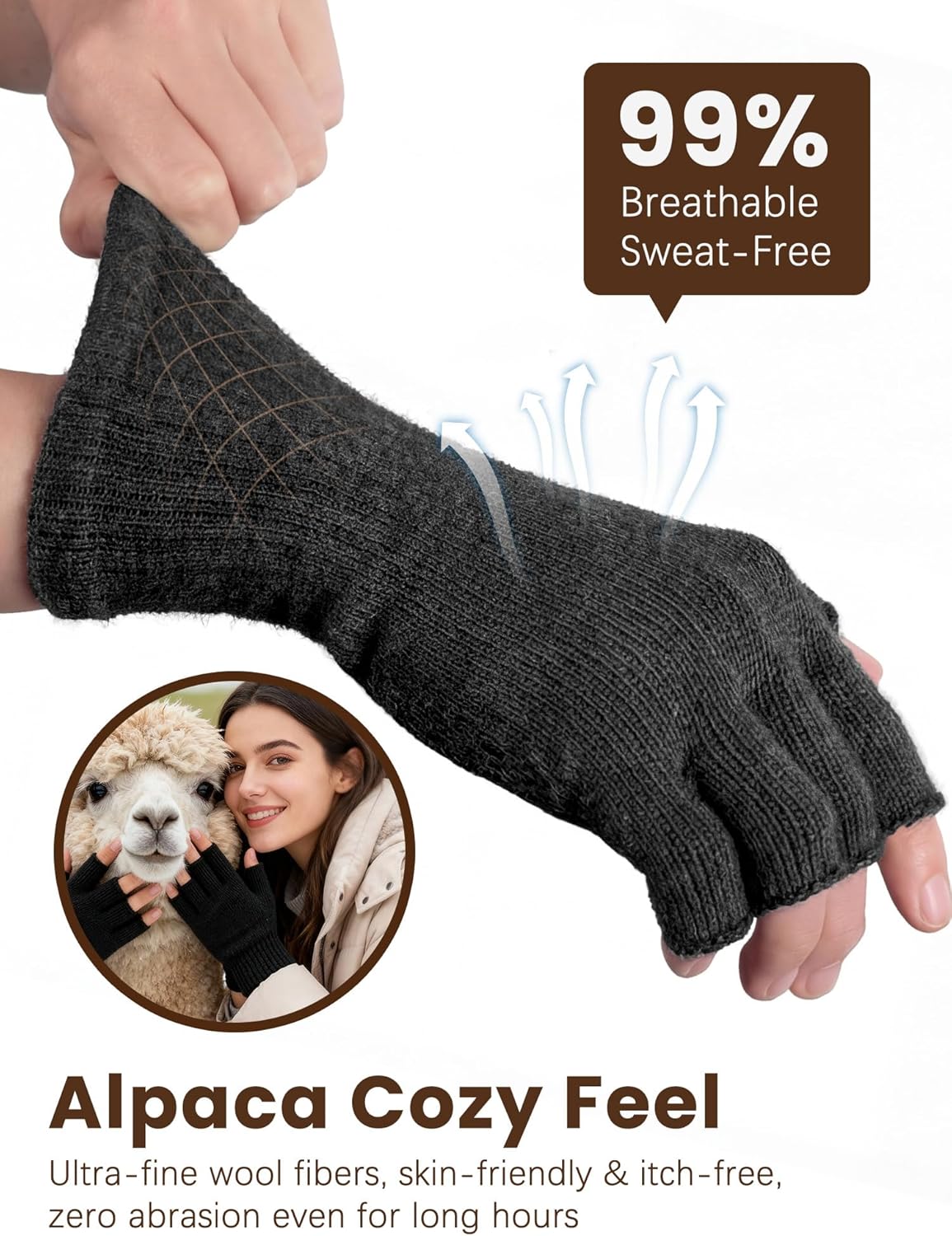 Alpaca Wool Fingerless Gloves for Men Women Thermal Winter Gloves for Driving Typing Fishing Hiking Running - Image 5