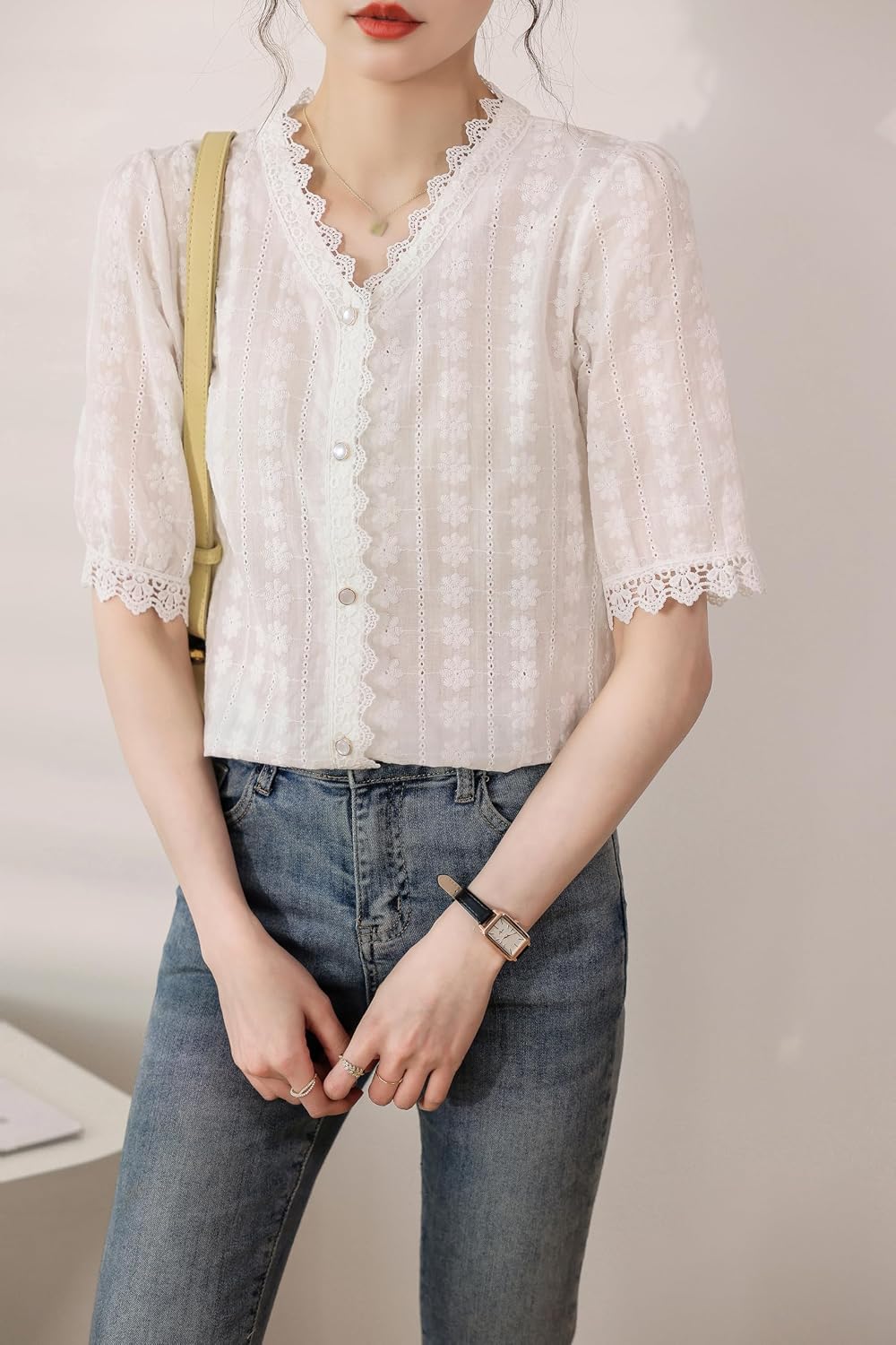 LAI MENG FIVE CATS Women's V Neck Lace See Through Elegant Blouse Short Sleeve Tops Shirts