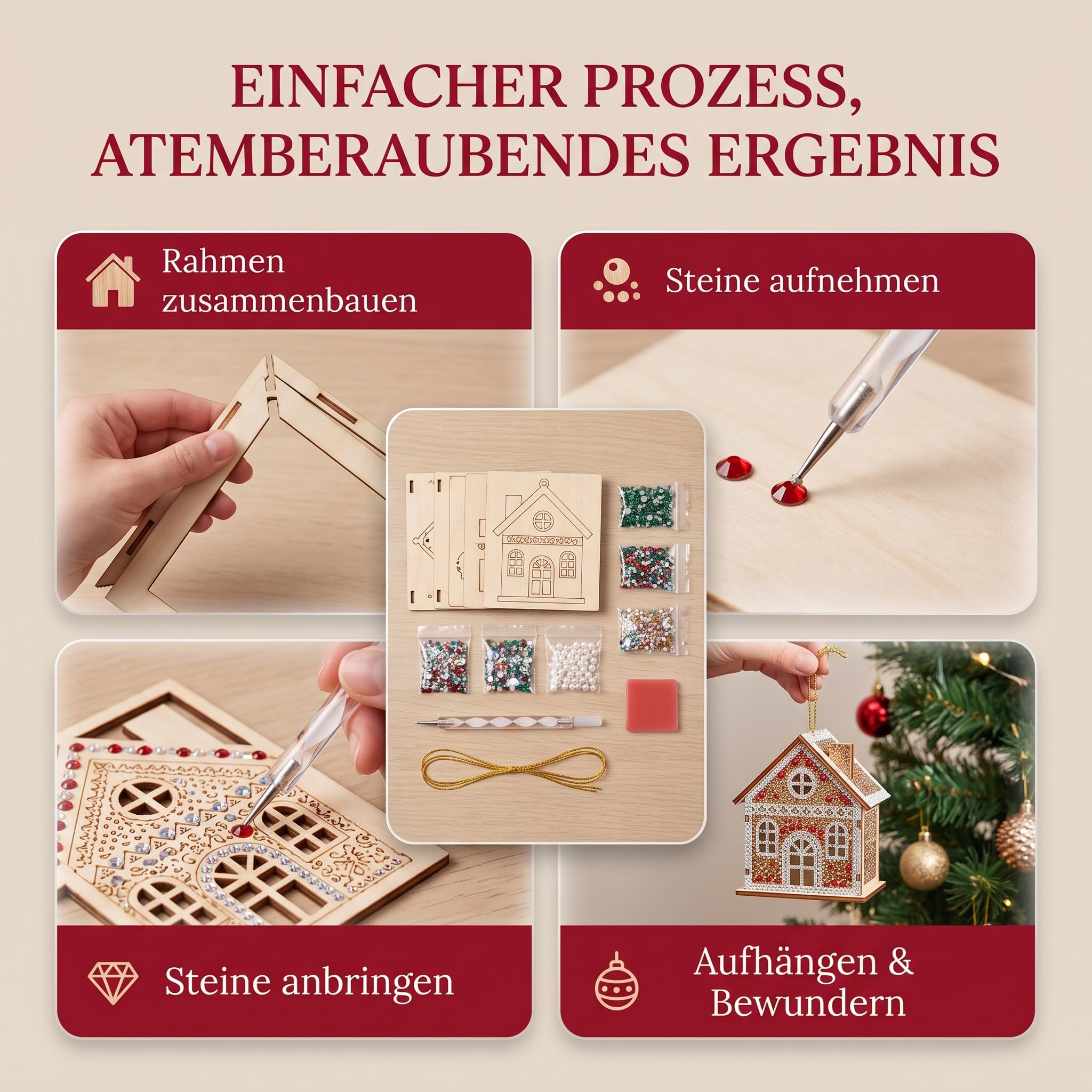 DIY Diamond Painting Weihnachten 3D Holzhaus Perlenkunst Bastelset，6