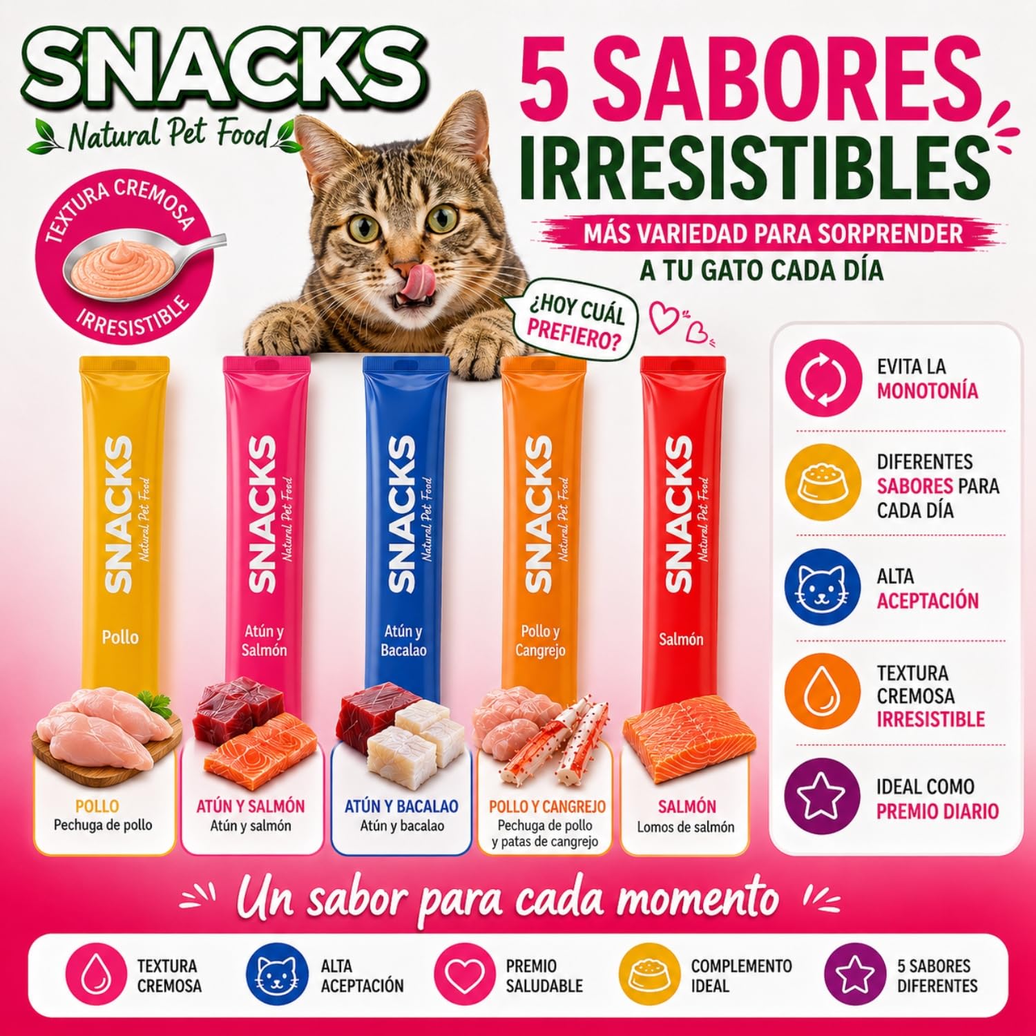 Snacks Gatos - Pack Variado Natural de Snacks Saludables 5 Recetas - Deliciosos Premios con Textura Suave y Cremosa - 1680gr (120x14gr)