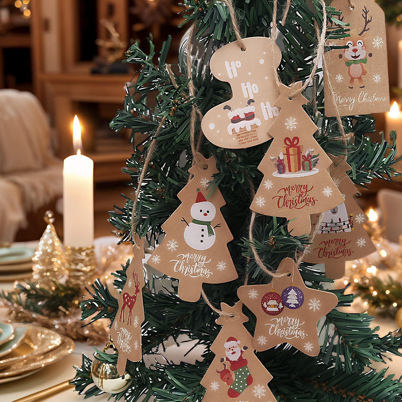 Etichette Natalizie In Carta Kraft, 50 Pezzi Con 10 Design + Spago Di Cotone - Per Regali, Albero Di Natale, Decorazioni Fai Da Te