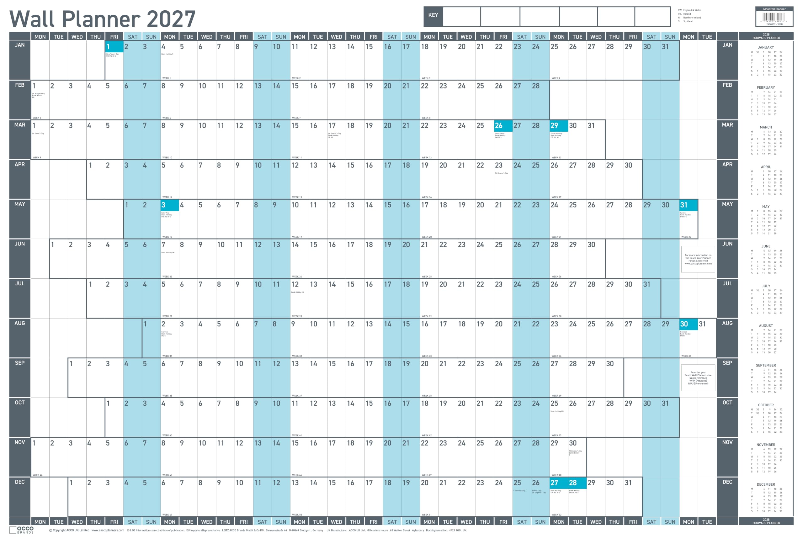 Sasco 2027 Value Year Wall Planner with wet wipe pen & sticker pack, Blue, Board Mounted, 915mmW x 610mmH