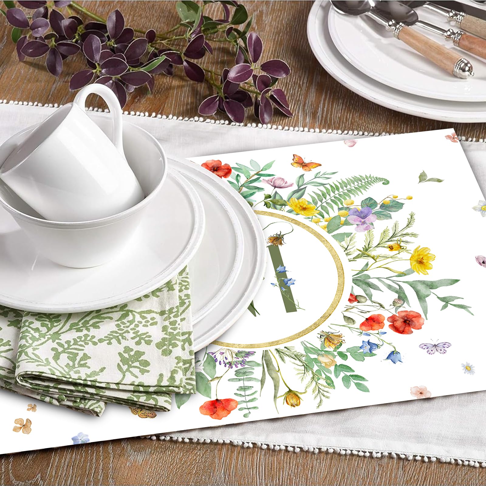 50 Stück Blume Schmetterling Papier Tischsets, Einweg Platzsets mit Initiale S, Platzdeckchen Frühling Sommer Küche Esszimmer Tischdeko Drinnen Urlaub für Hochzeit Geburtstag Taufe Party 40x28cm