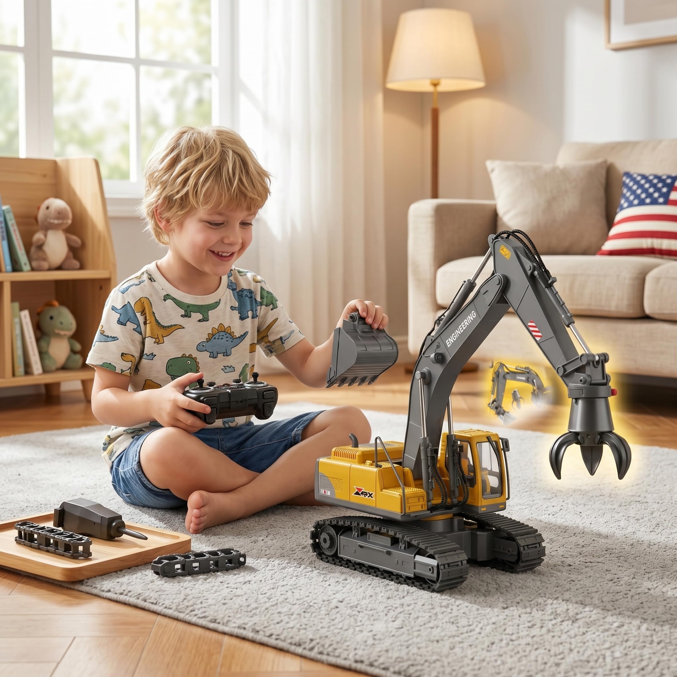 Excavadoras, Excavadora De Control Remoto, Vehículo De Construcción RC 3 En 1 De 15 Canales con Función De Pulverización, Juguete De Excavadora Recargable De Aleación Y Abs, Amarillo