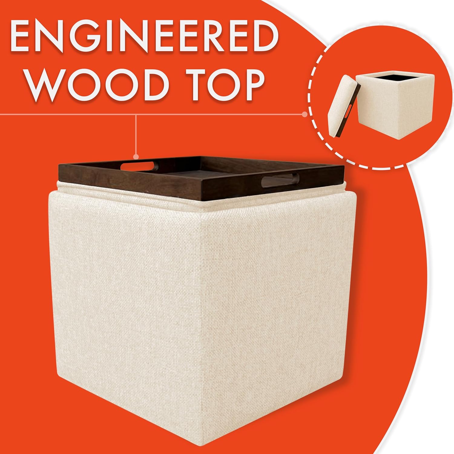 HomePop Home Decor Storage Ottoman with Tray Top|Upholstered Modern Square Storage Ottoman with Storage for Living Room & Bedroom, Cream Woven