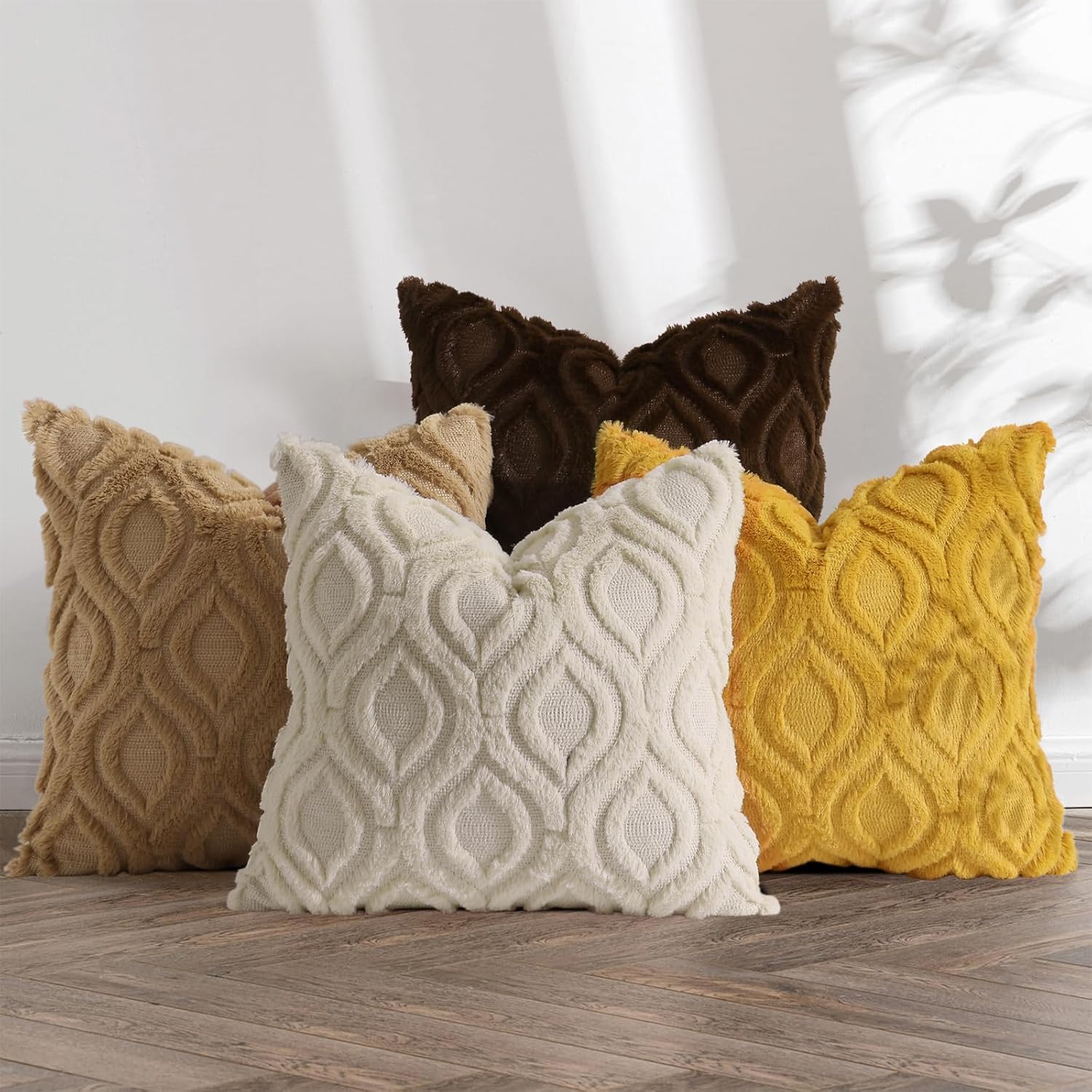 decorUhome Set of 4 Spring Throw Pillow Covers 16x16 Inch, Neutral Decorative Soft Plush Faux Wool Couch Pillow Covers, Farmhouse Pillow Cases for Sofa Bed Living Room (Beige/Yellow)