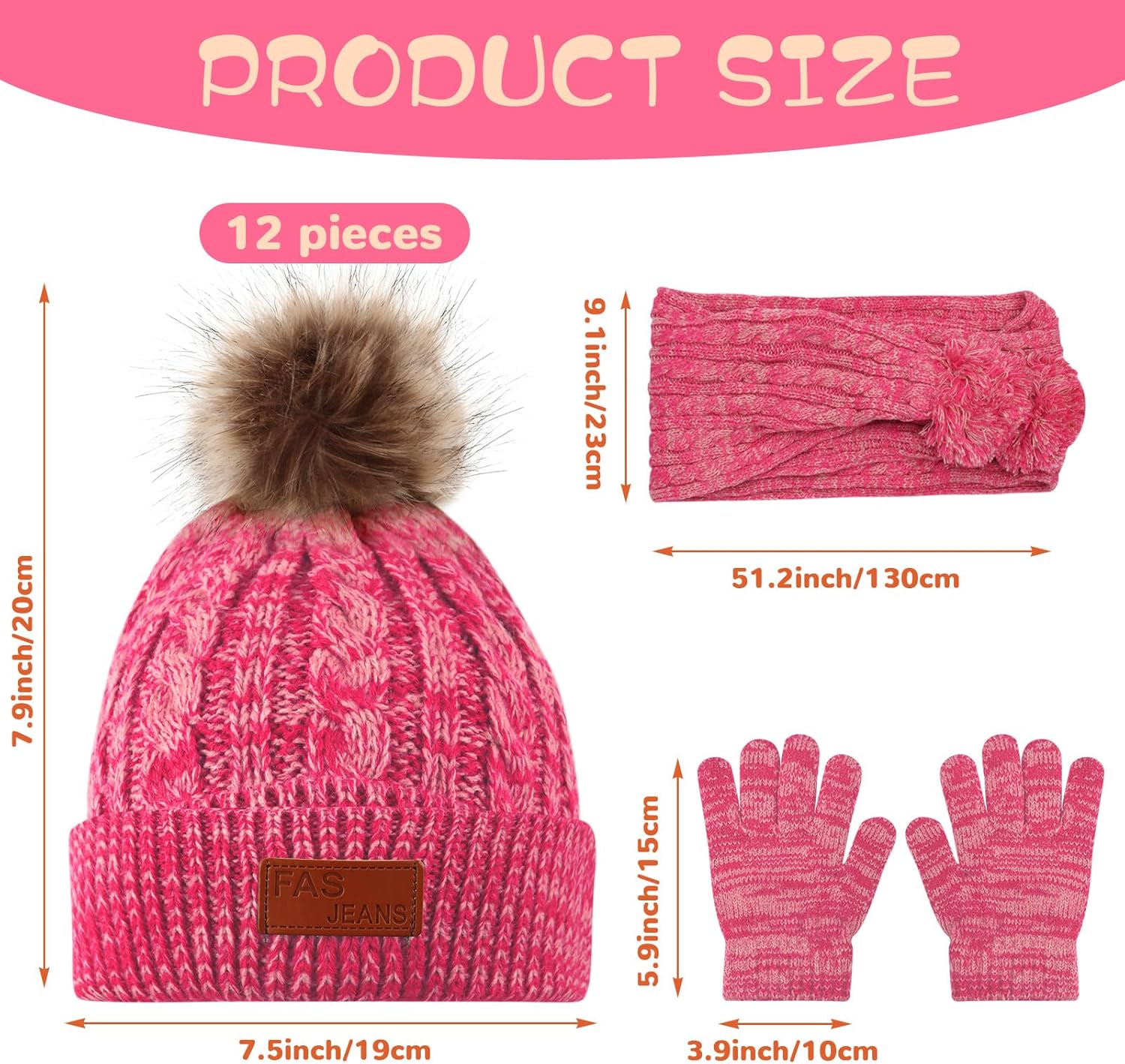 Liitrsh 12 Pcs Kids Winter Knitted Kids Winter Beanie Hat Scarf Gloves Set, Warm Boy Girl Pom Hat Scarf Gloves for 5-12 Years - Image 2