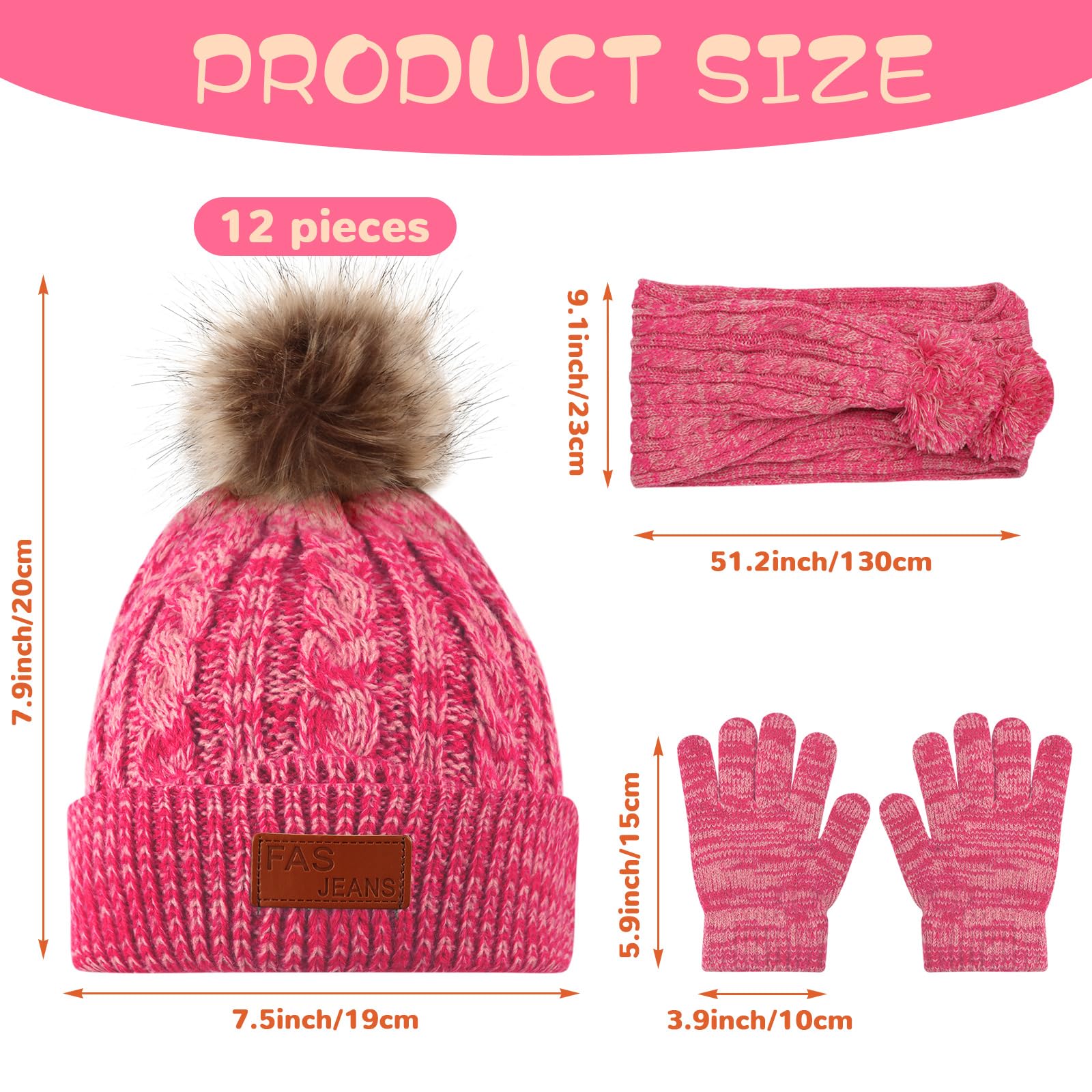 Liitrsh Juego de 12 gorros de punto de invierno para niños, bufanda, guantes cálidos para niños de 5 a 12 años