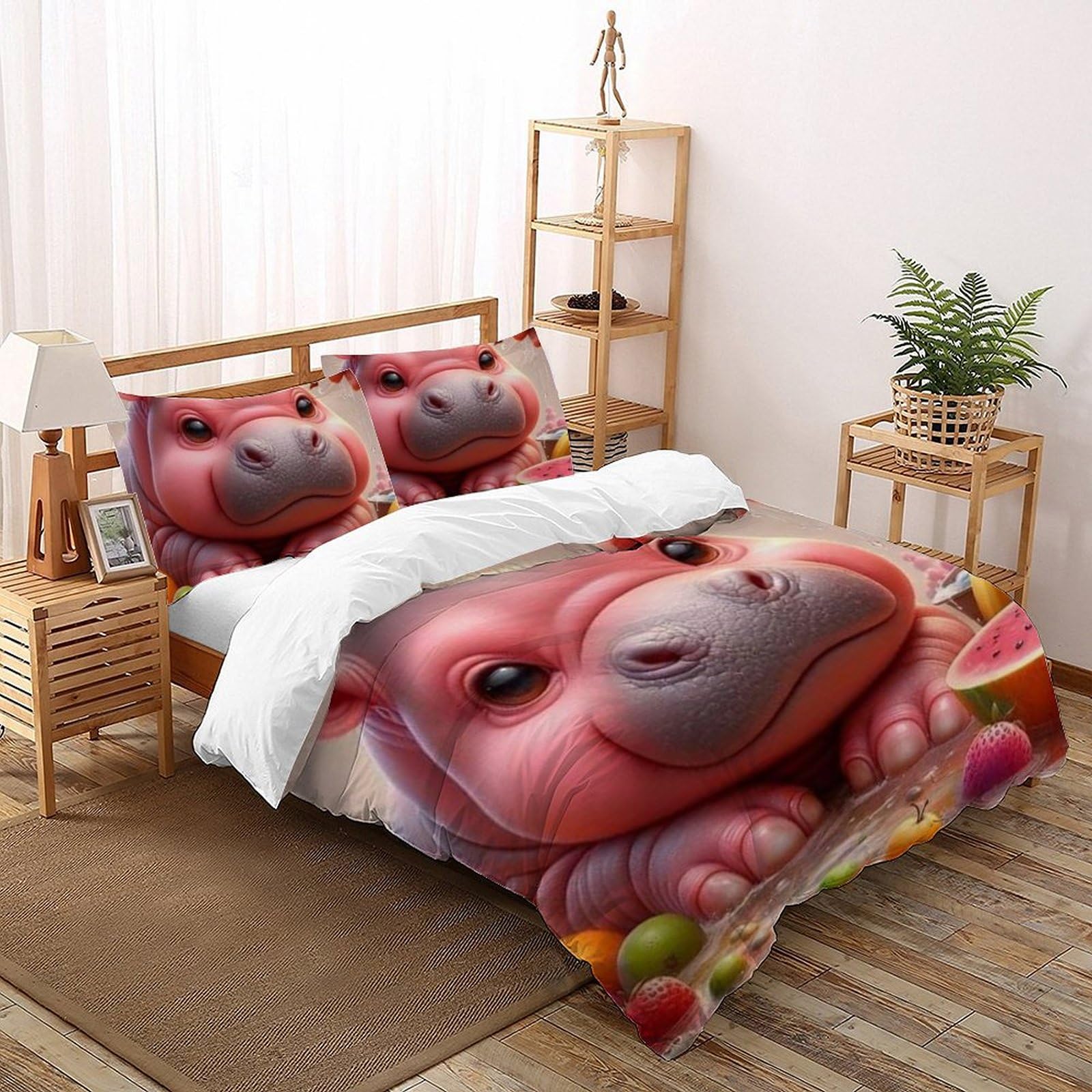 Housse de couette hippopotame rose 200x200 cm en microfibre