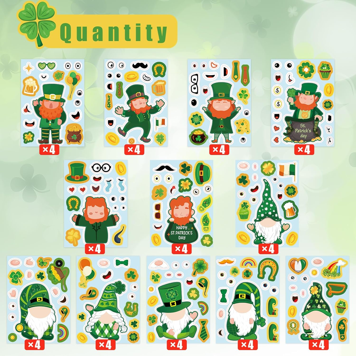 Whaline 48 Sheets St. Patrick's Day Stickers Make A Face Stickers Make Your Own Leprechaun Gnome Shamrock Craft Decals for Irish Party School Games Gift Decoration, 12 Styles