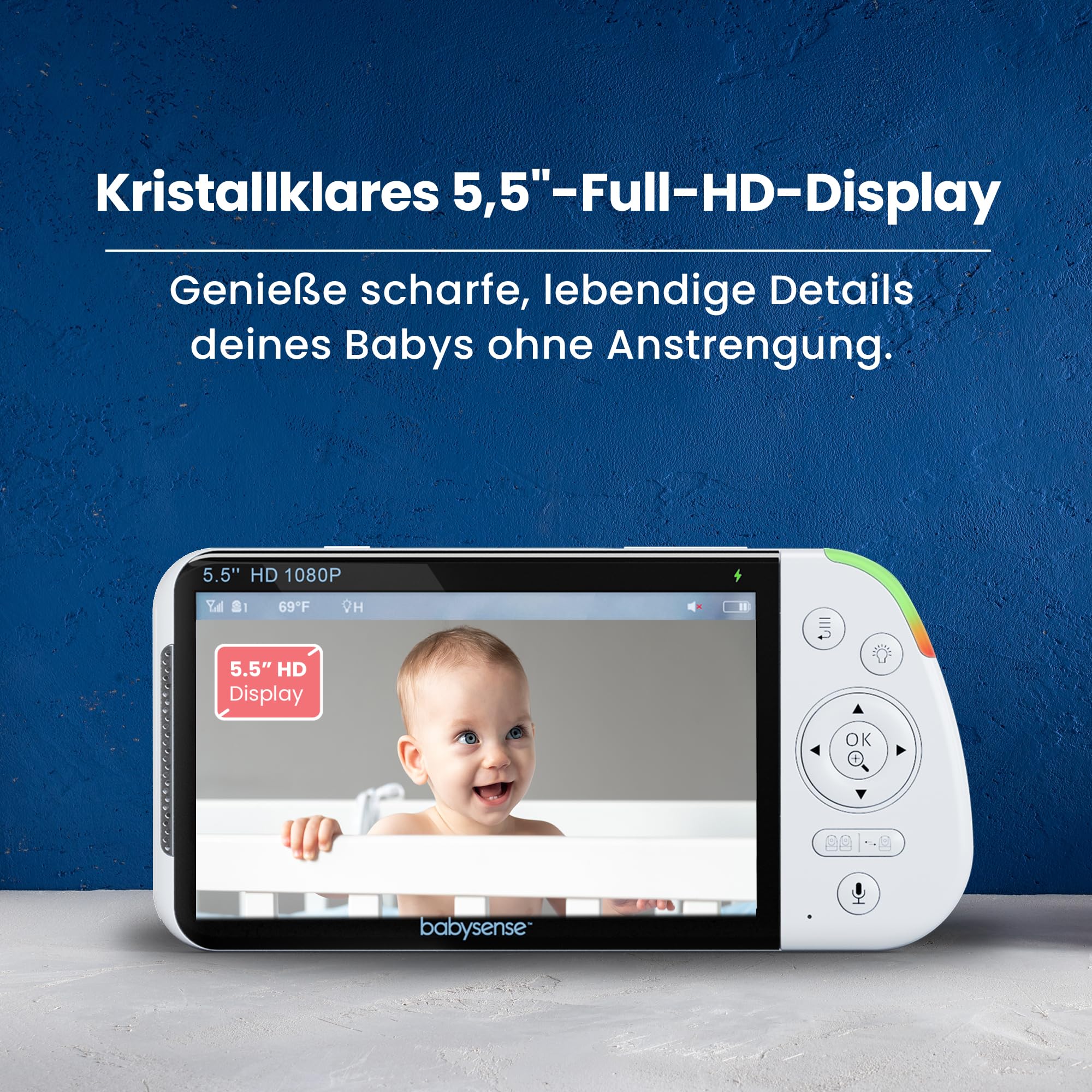 Babysense Full HD Split-Screen-Babyphone mit 2 Kameras, Nachtlicht in 6 Farben, Geräusch- & Lichtmaschine, 20-Stunden-Akku, abhörsichere Verbindung ohne WLAN