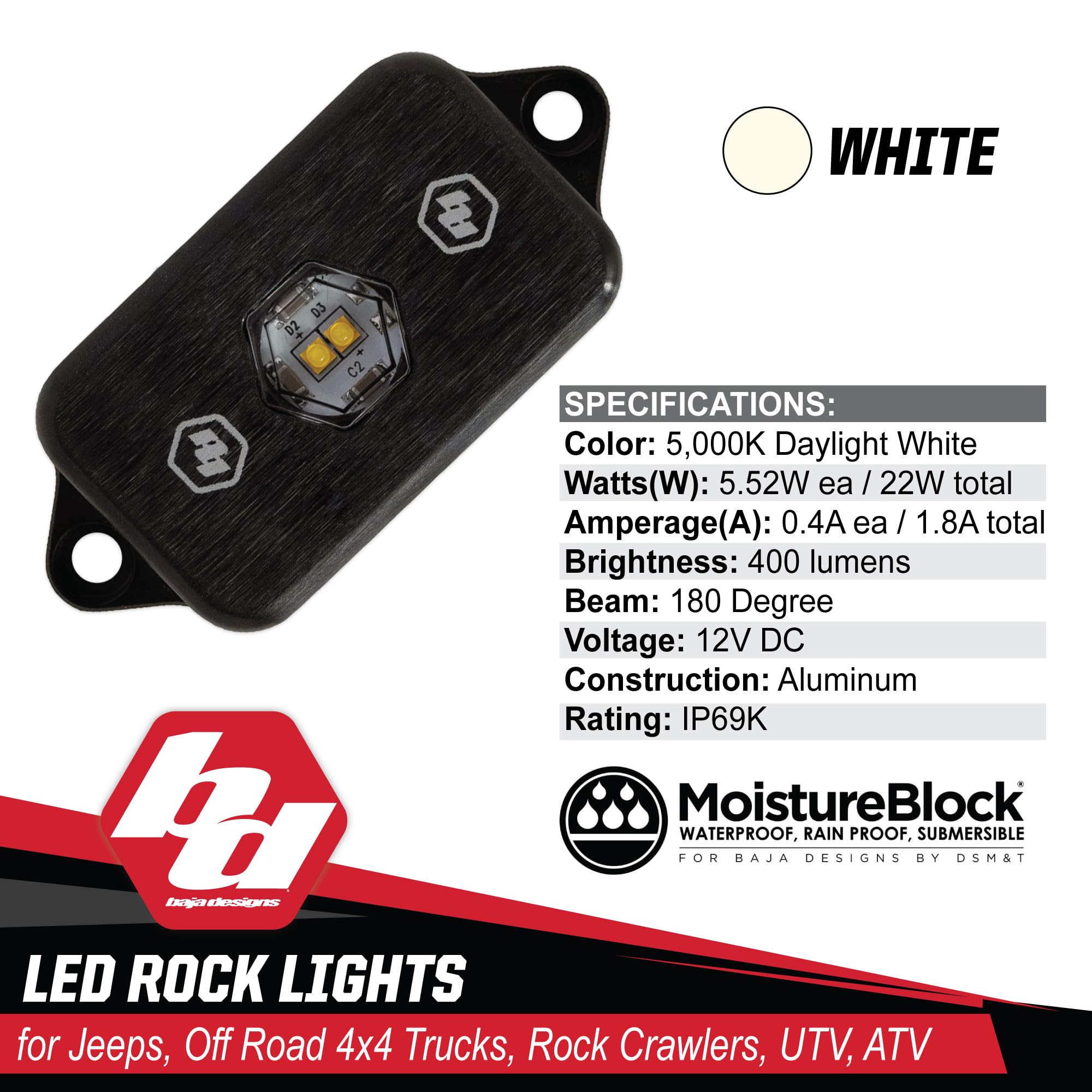 Baja Designs Kit luci LED Rock - 4 pz. LED con cablaggio (bianco)