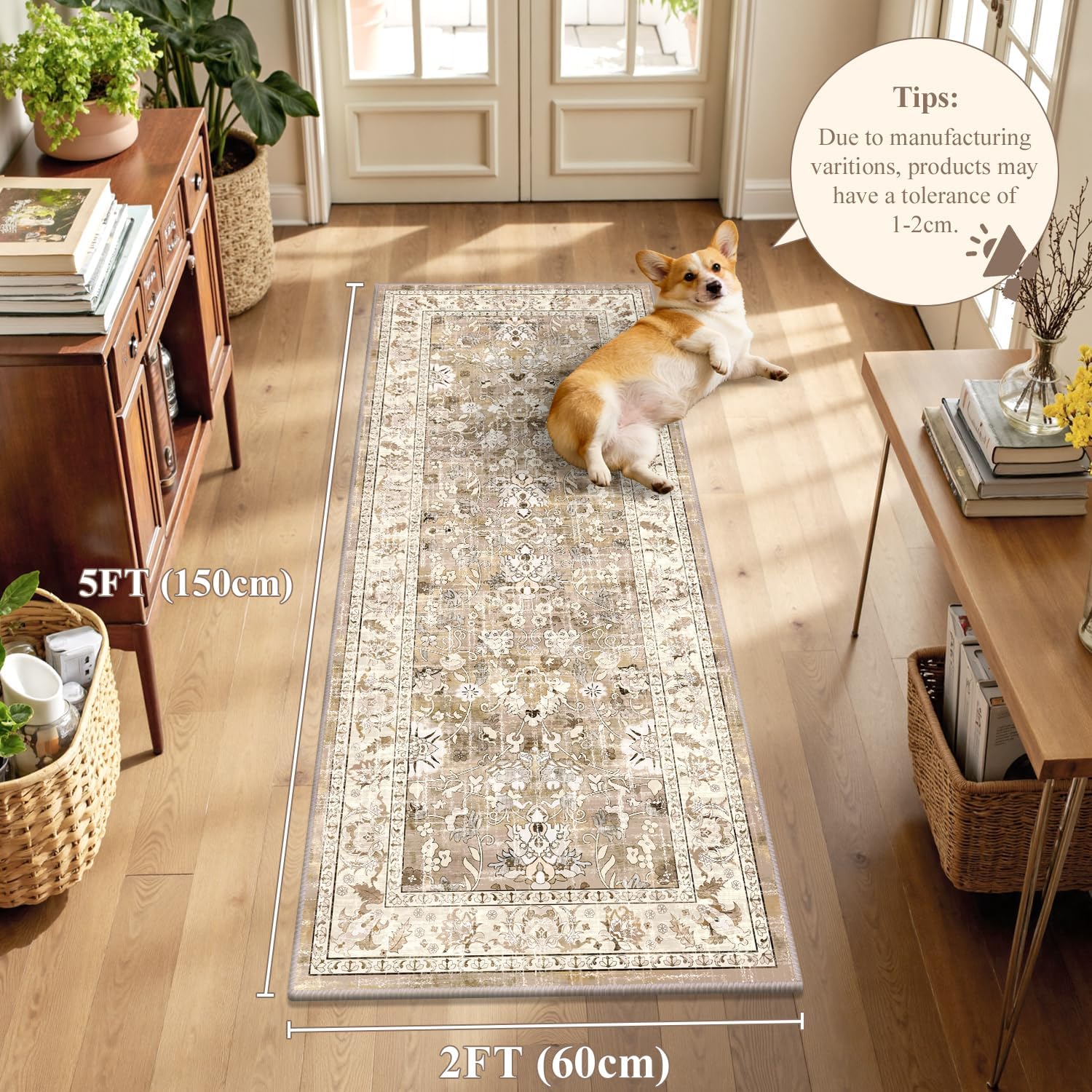 LOKHOM Washable Runner Rug, 2x5 Non-Slip Vintage Hallway Runner Rug with Rubber Backing, Boho Floral Soft Kitchen Rug Distressed Carpet Runner for Kitchen Laundry Entryway (Beige Brown) Beige Brown 2' x 5'