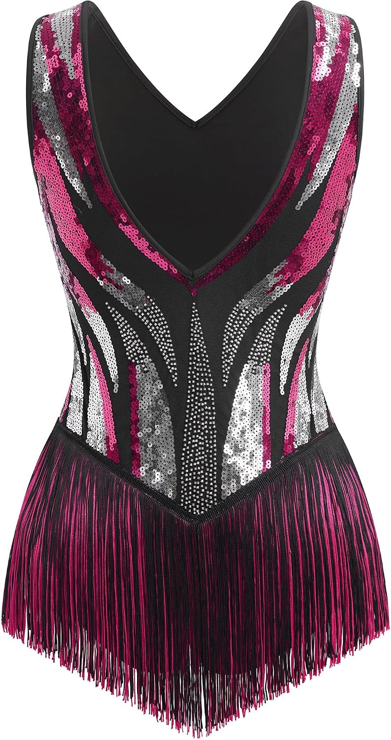 IBAKOM Women Sexy Fringe Bodysuit Open Back Sparkly Sequins Tassel Latin Jazz Dance Outfits Trapeze Acrobat Circus Costume